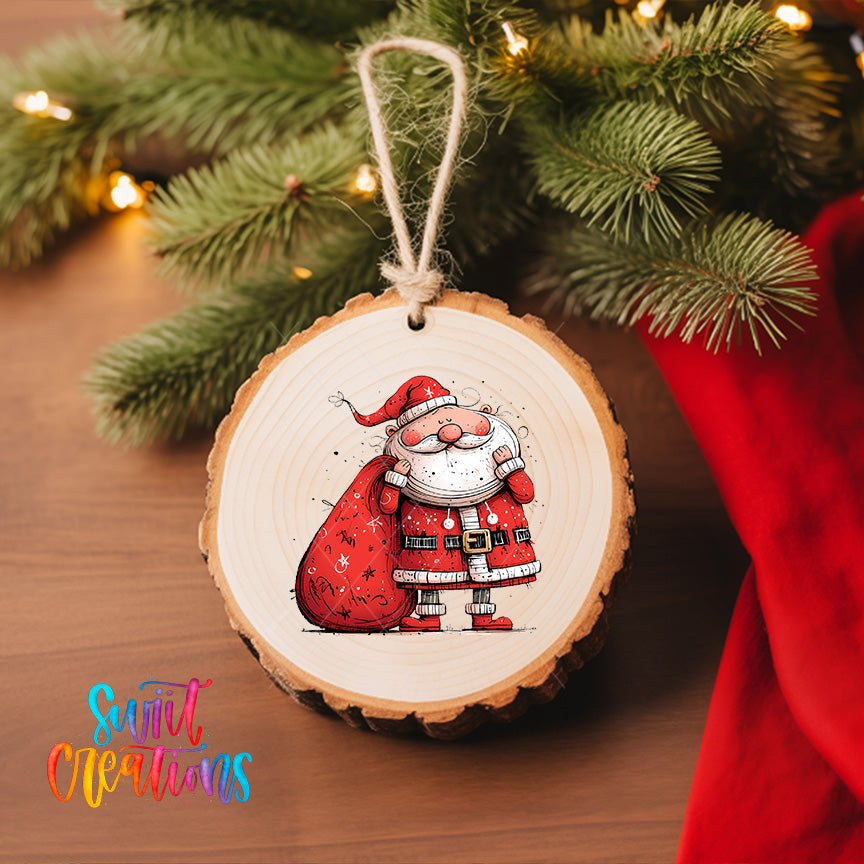 A wooden ornament featuring a cartoon Santa Claus figure holding a sack of presents, hanging on a Christmas tree.
