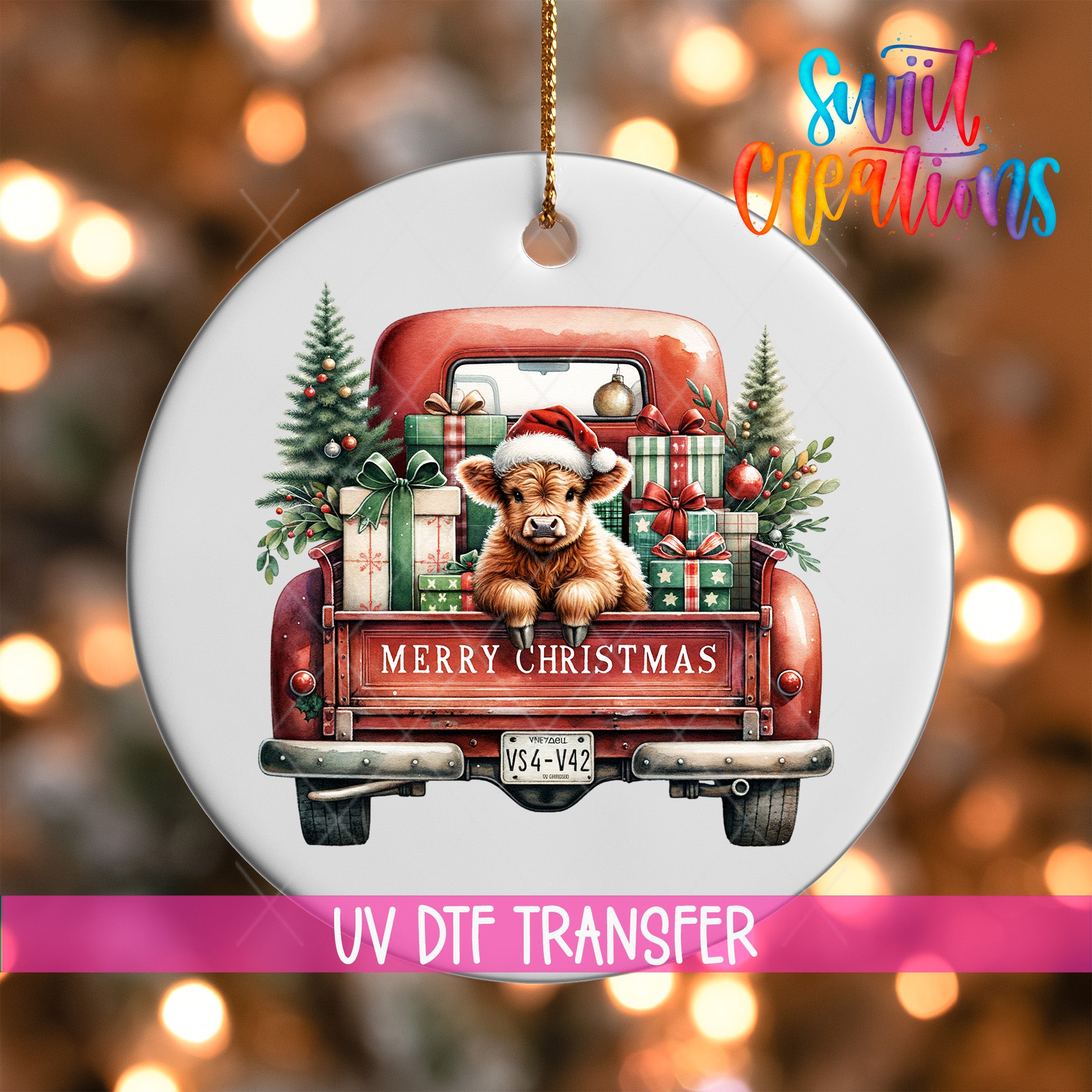 A ceramic ornament featuring a red truck with a cow wearing a Santa hat and carrying Christmas presents in its bed.