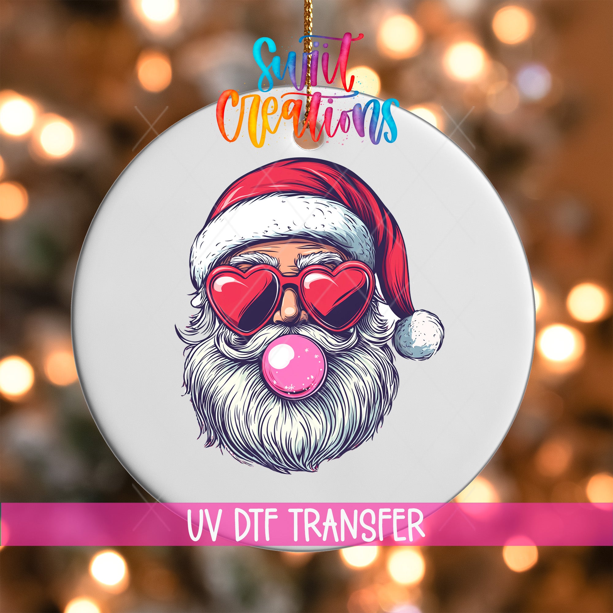 A white ornament with a Santa Claus face wearing sunglasses and a red hat, with a pink bubble gum bubble in his mouth.