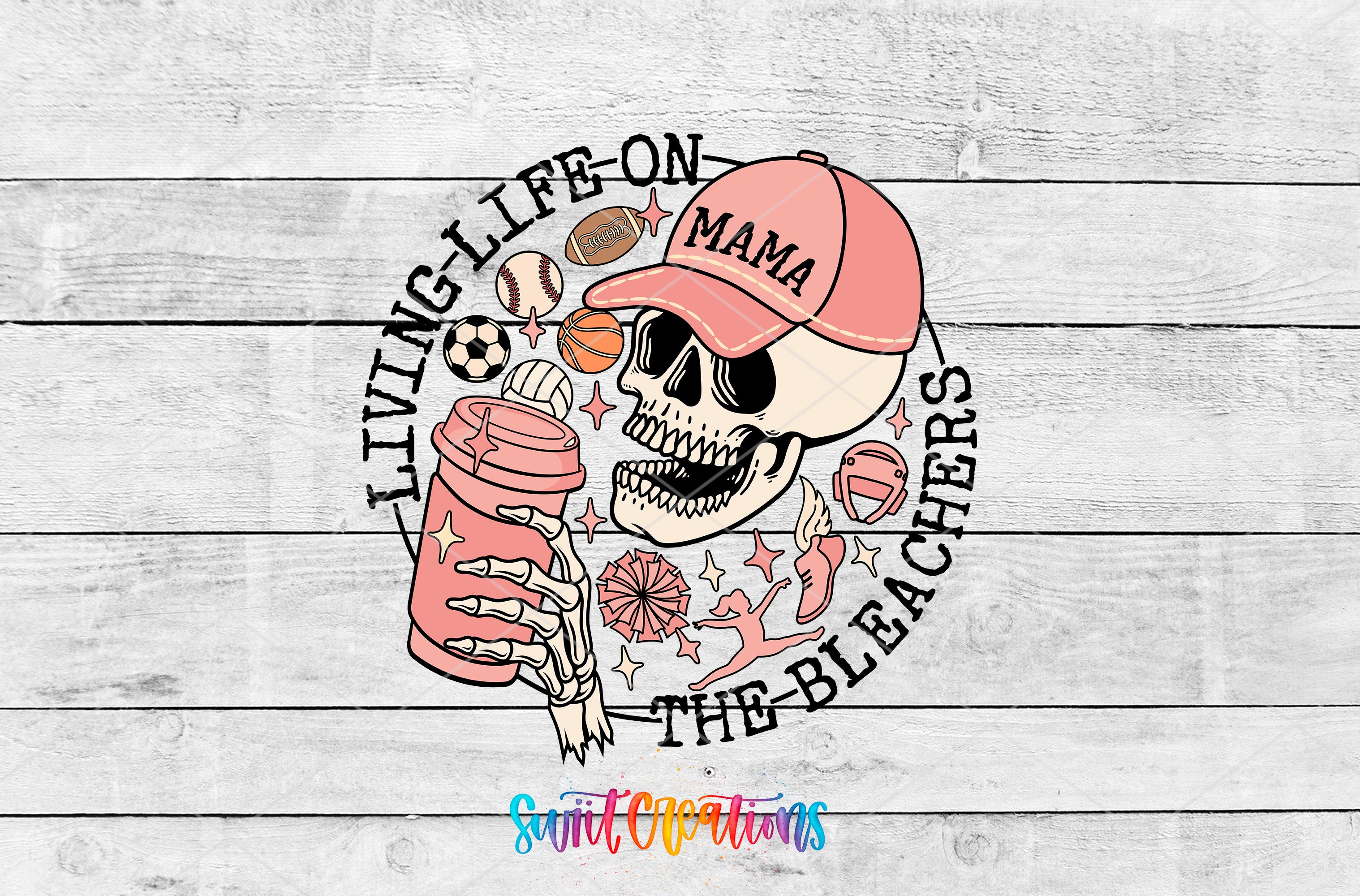 Swiit Creations UV DTF Living Life on the Bleachers transfer shown as the full artwork preview