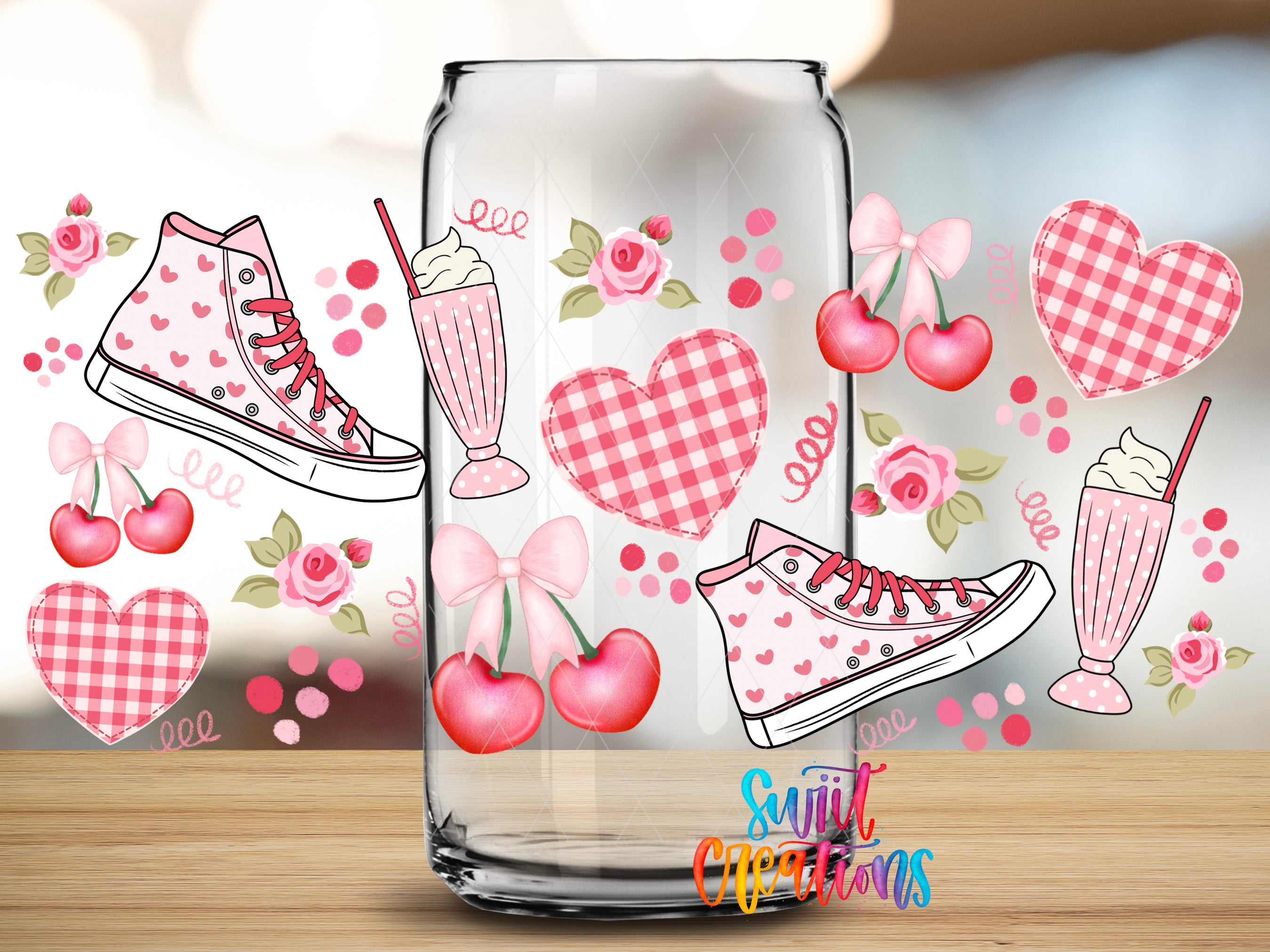 a glass jar filled with various pink and white illustrations, including cherries, hearts, and sneakers, all set against a pink and white checkered background.