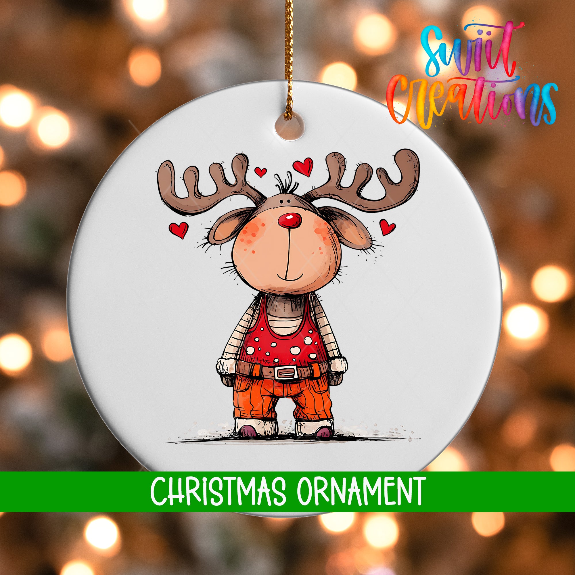 A white Christmas ornament featuring a cartoon reindeer with antlers and hearts around its neck.