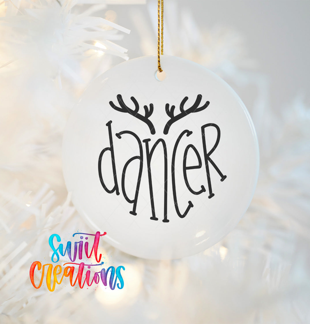 A white ornament with the word "dancer" written in black text, hanging on a white background with a colorful text overlay.