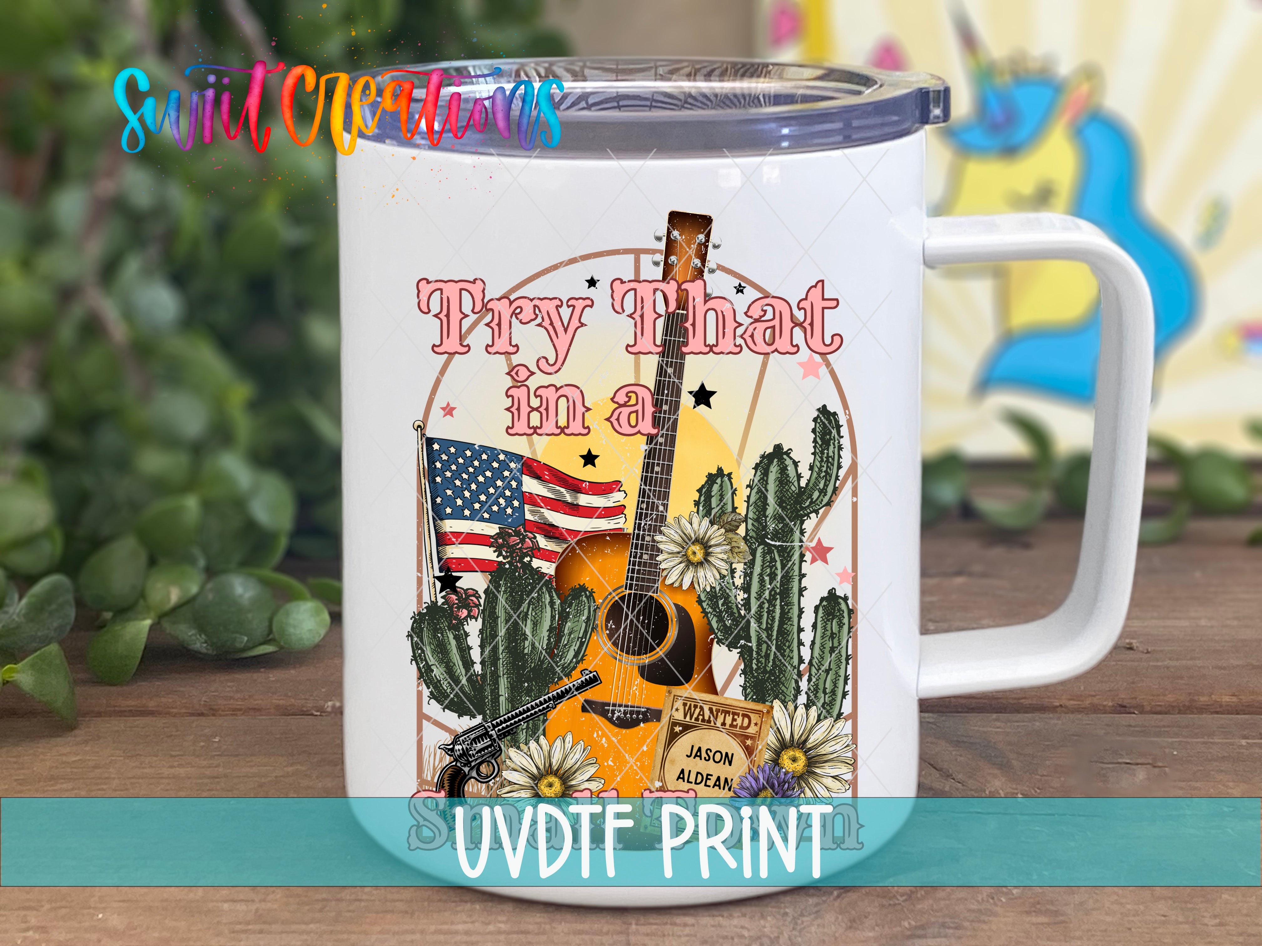 a white coffee mug with an american flag and a guitar on it