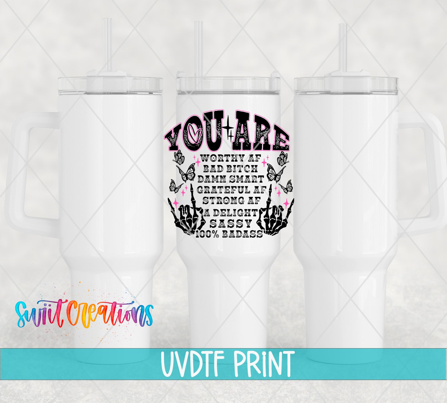 a white tumbler with a printed design on it, including text and a skeleton decoration.