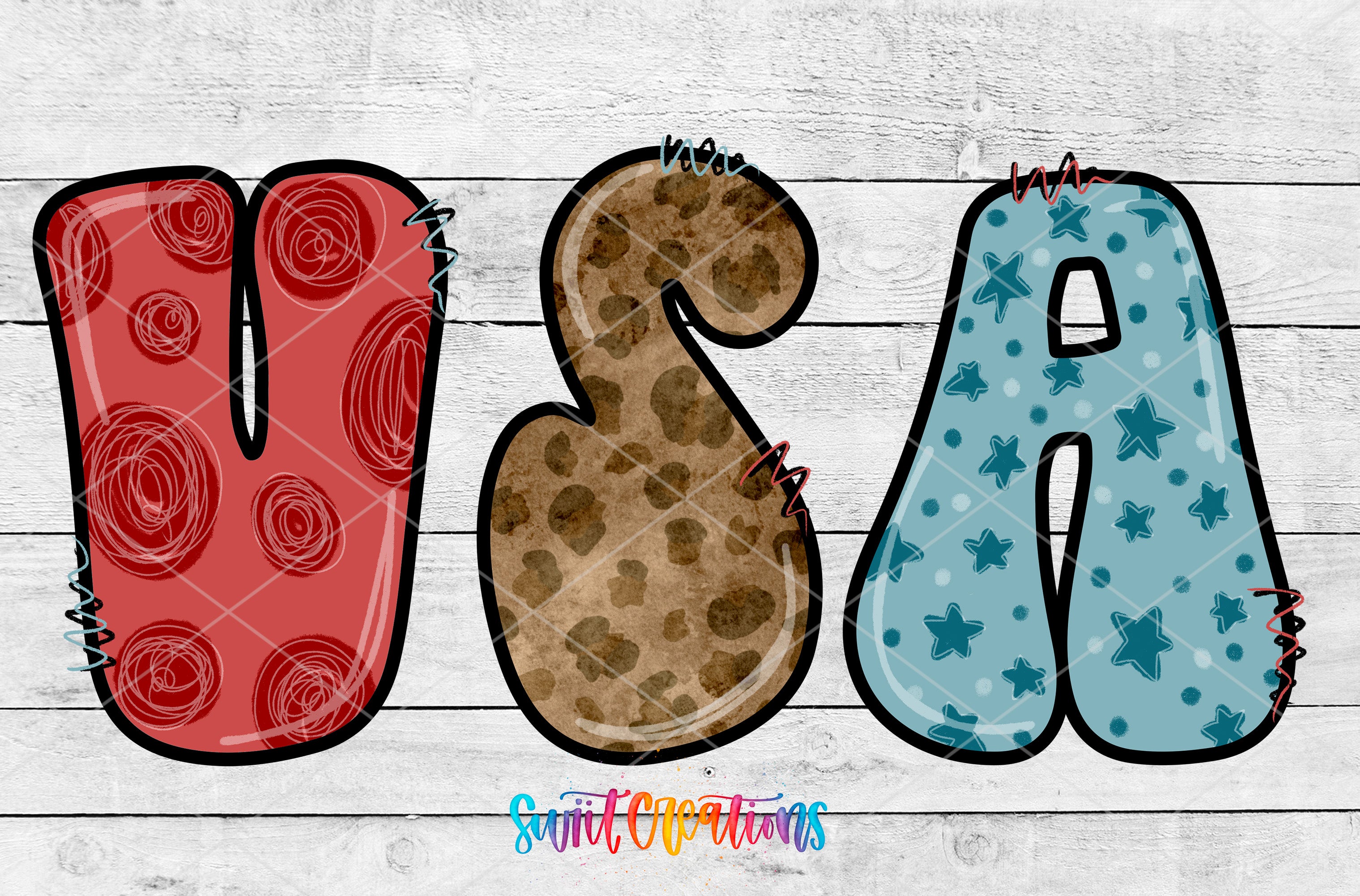 a creative and colorful arrangement of letters, including the letters 'V', 'S', and 'A', with various patterns and designs.