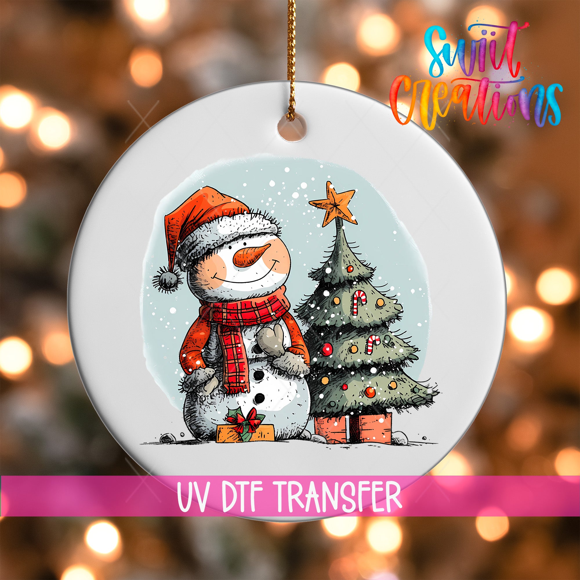A snowman wearing a red scarf and hat is standing next to a Christmas tree, with a star on top of the tree.