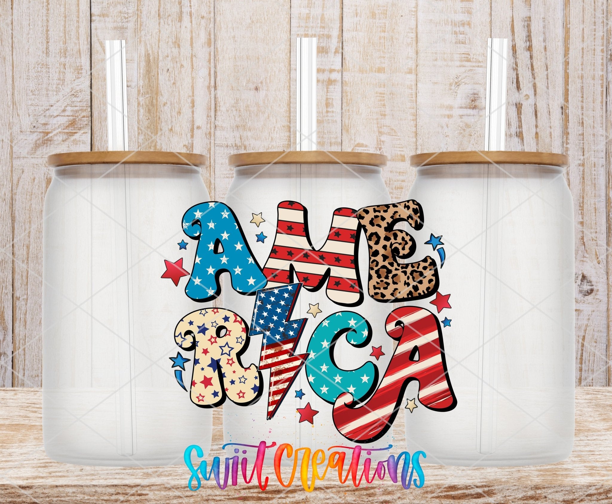 Swiit Creations UV DTF American Flag Patriotic transfer shown on a clear glass can set