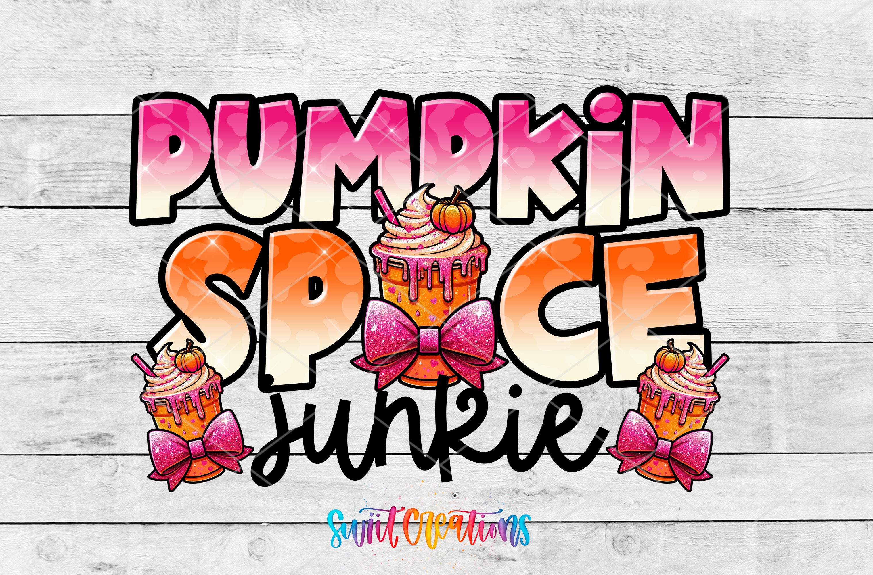 a colorful and playful design with the text "Pumpkin Spice Junkie" and illustrations of cupcakes with bows.