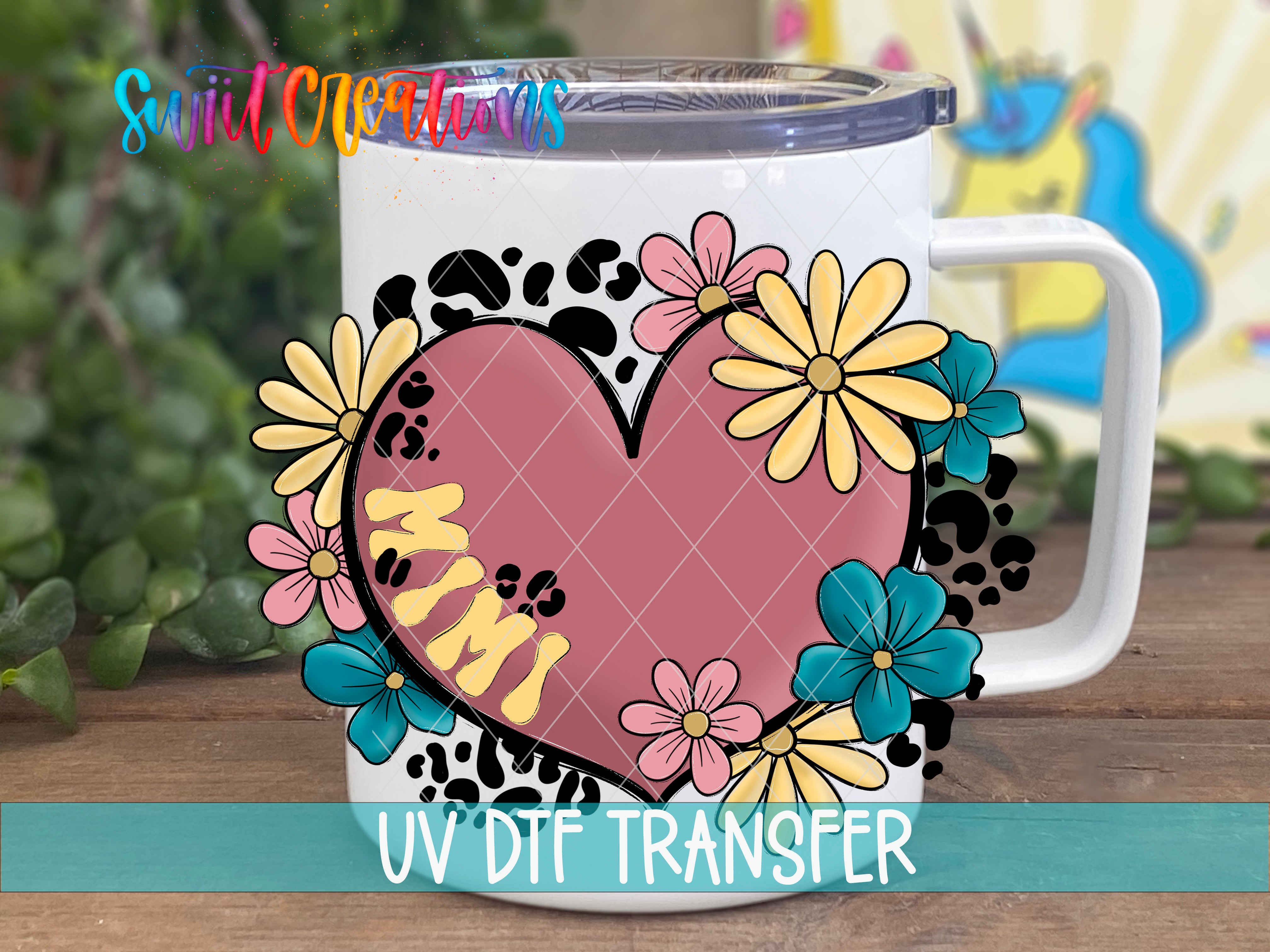 Swiit Creations UV DTF Floral Heart Mimi transfer displayed on a white coffee mug