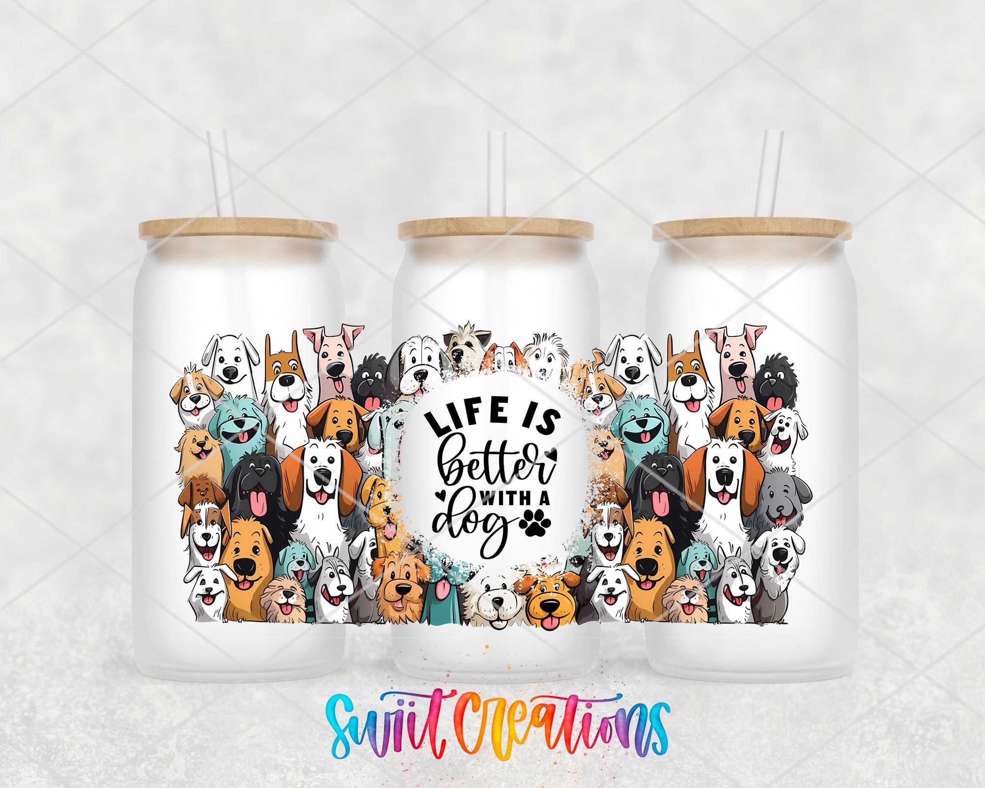 A collage of various dog illustrations, including different breeds and sizes, arranged in a circular pattern. The text "Life is better with a dog" is displayed prominently in the center of the collage.