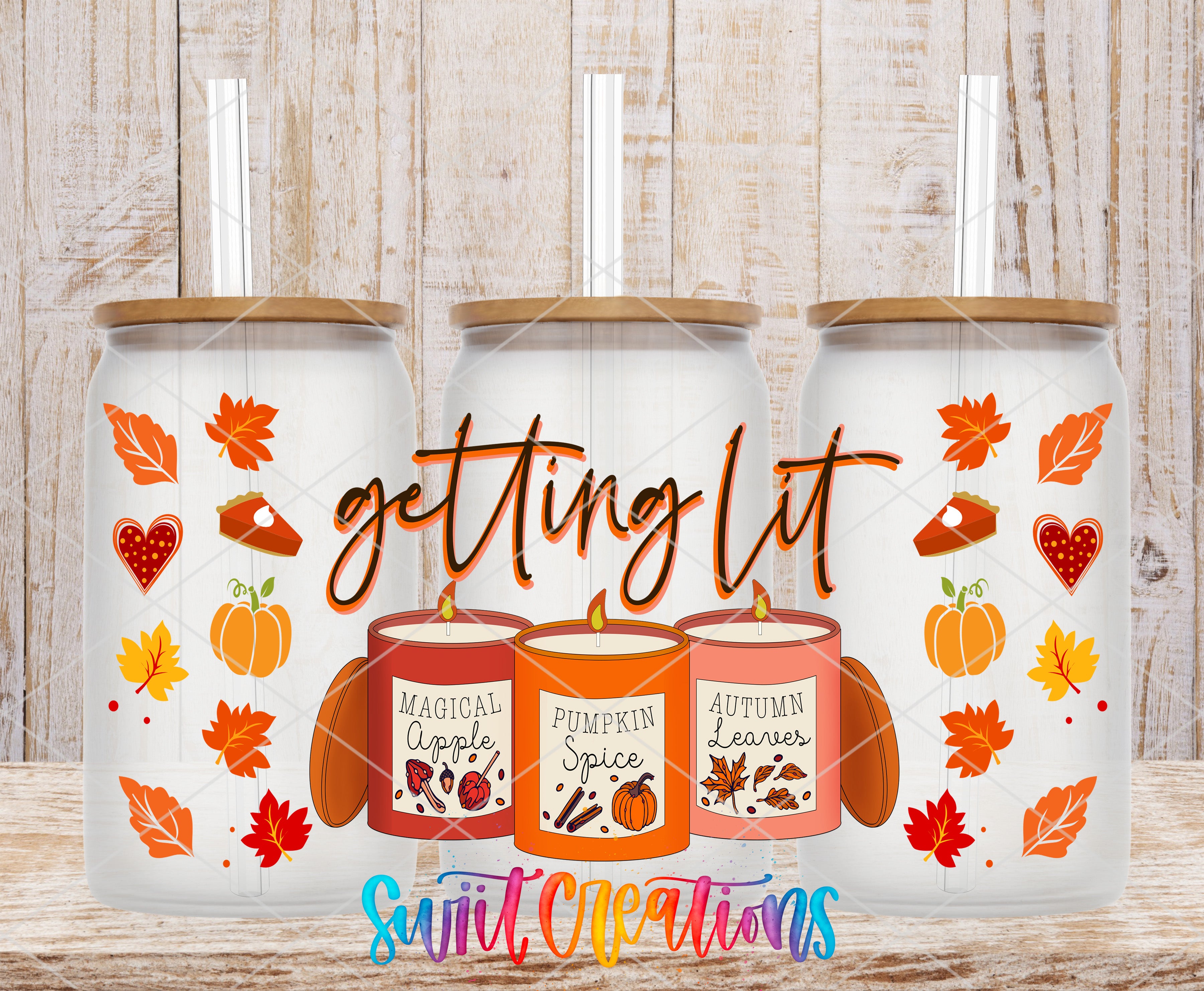 three glass tumblers with autumn-themed labels, including "MAGICAL APPLE", "PUMPKIN SPICE", and "AUTUMN LEAVES", along with illustrations of pumpkins, apples, and leaves. The background is a wooden surface with a textured pattern.