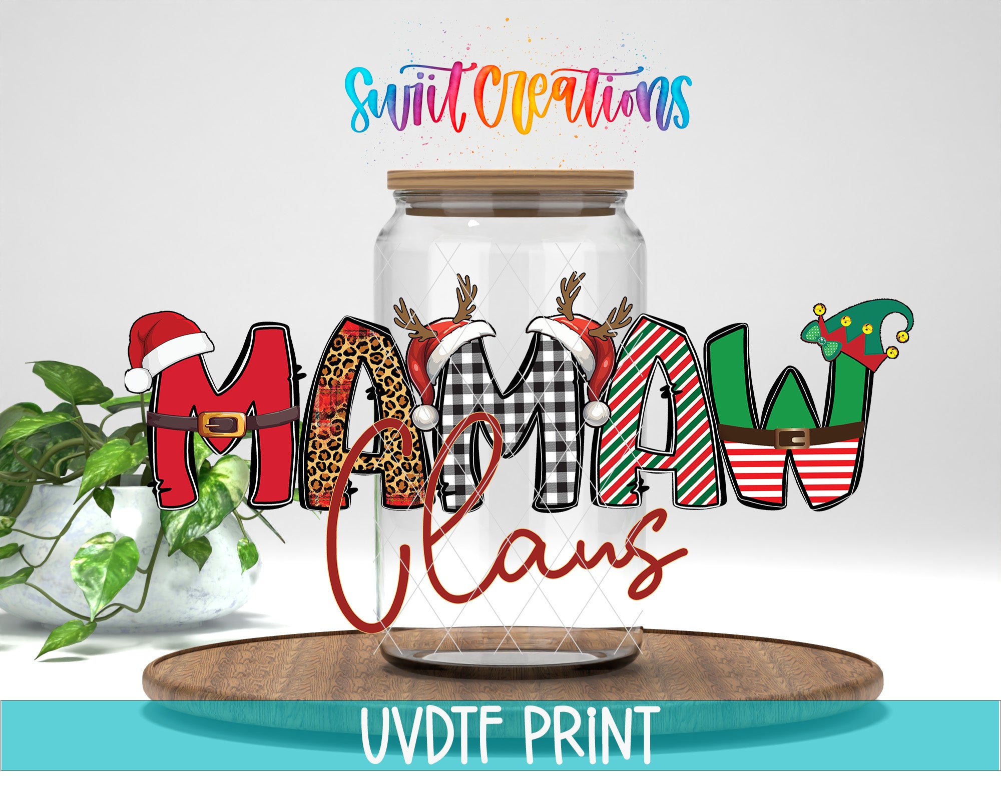a glass jar filled with christmas letters sitting on top of a wooden table