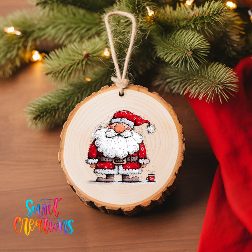 A wooden ornament featuring a cartoon Santa Claus figure is hanging on a Christmas tree, with a red cloth visible in the background.