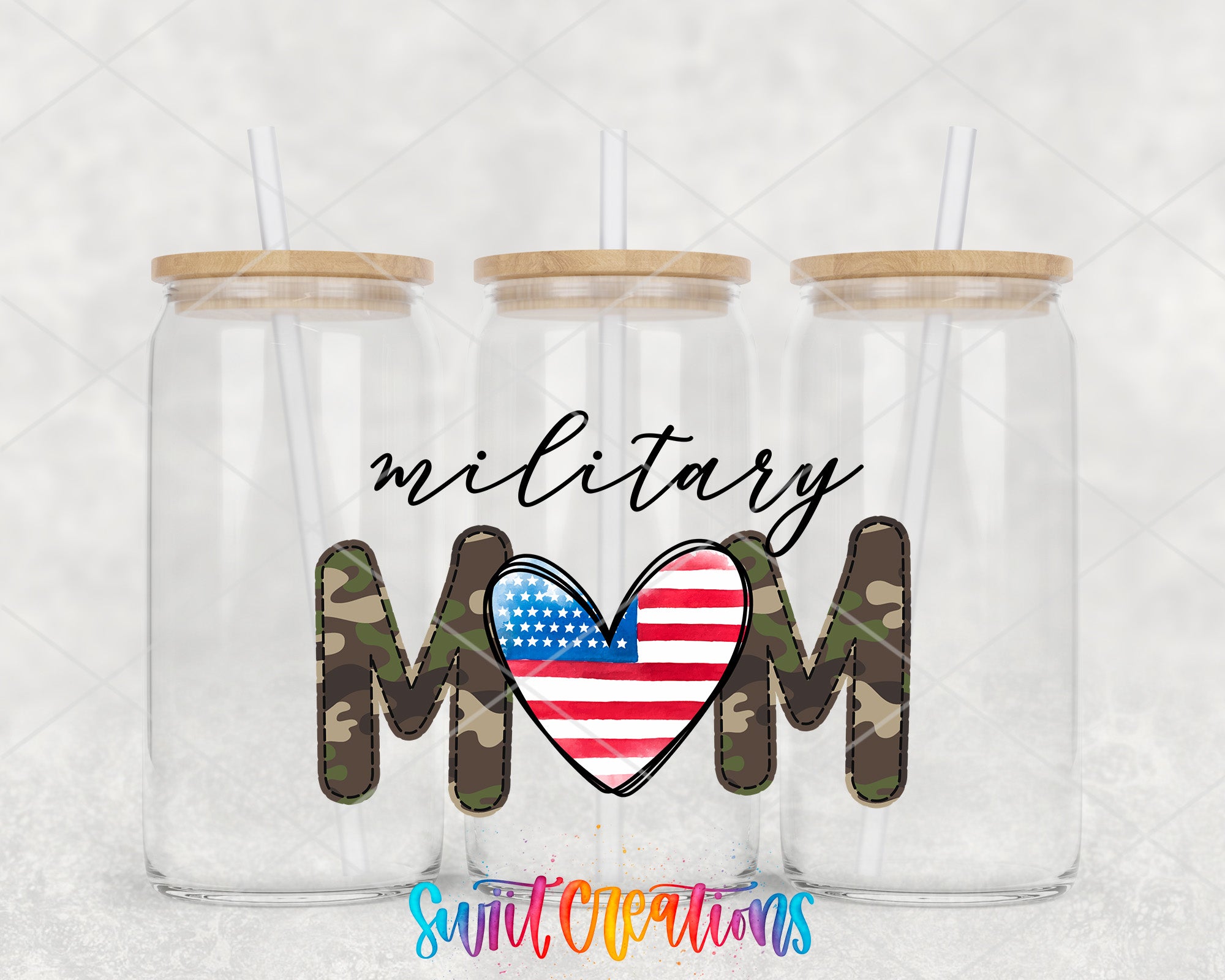 three glass jars with lids, each containing a straw. The jars are arranged in a row, and there is a heart-shaped design made up of the letters 'M' and 'M' in the center, with an American flag pattern surrounding it. The text "military mom" is written in a stylized font above the heart design.