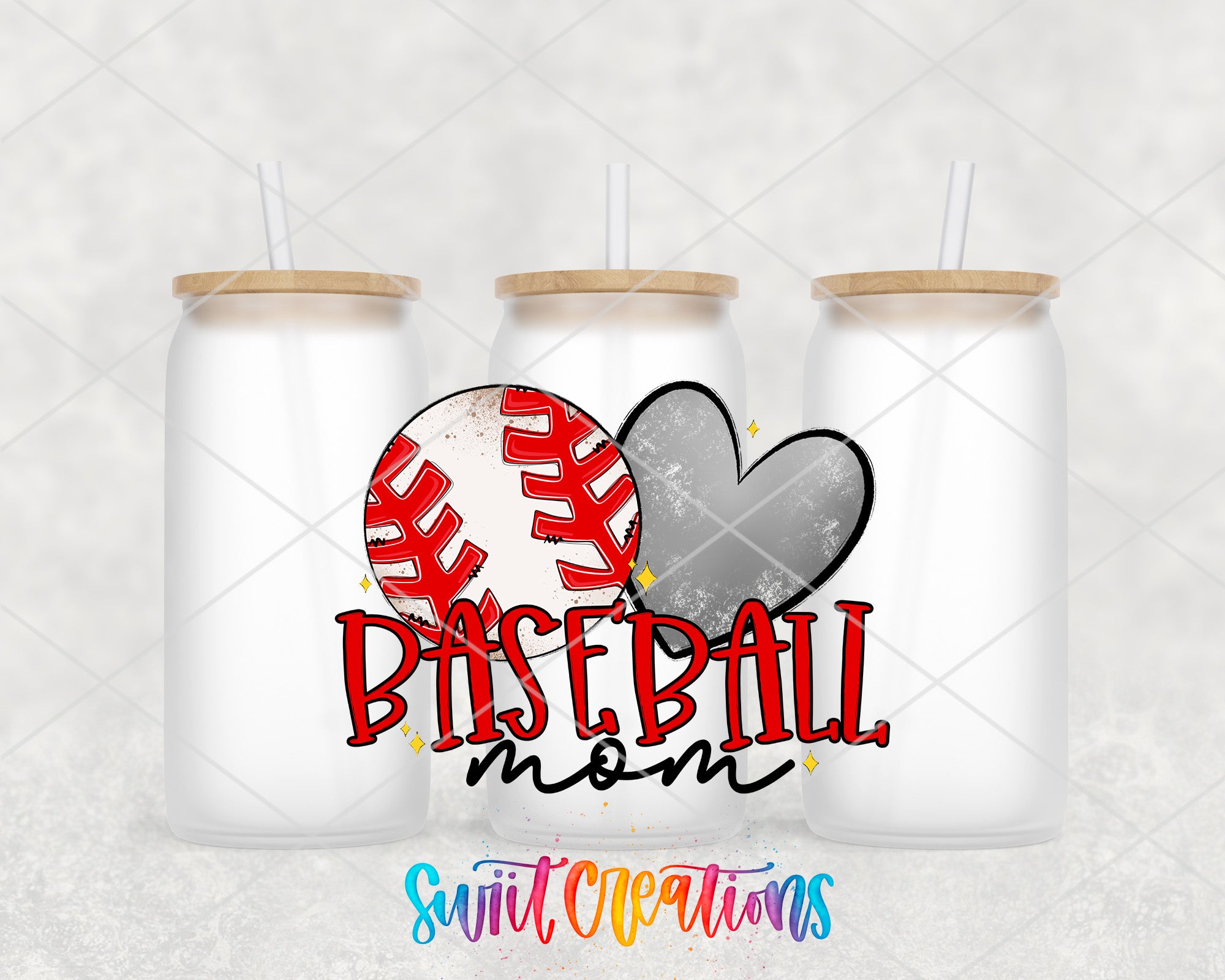 three white tumblers with straws, each containing a red baseball and a heart-shaped design. The text "Baseball mom" is written in a stylized font in the center of the image.