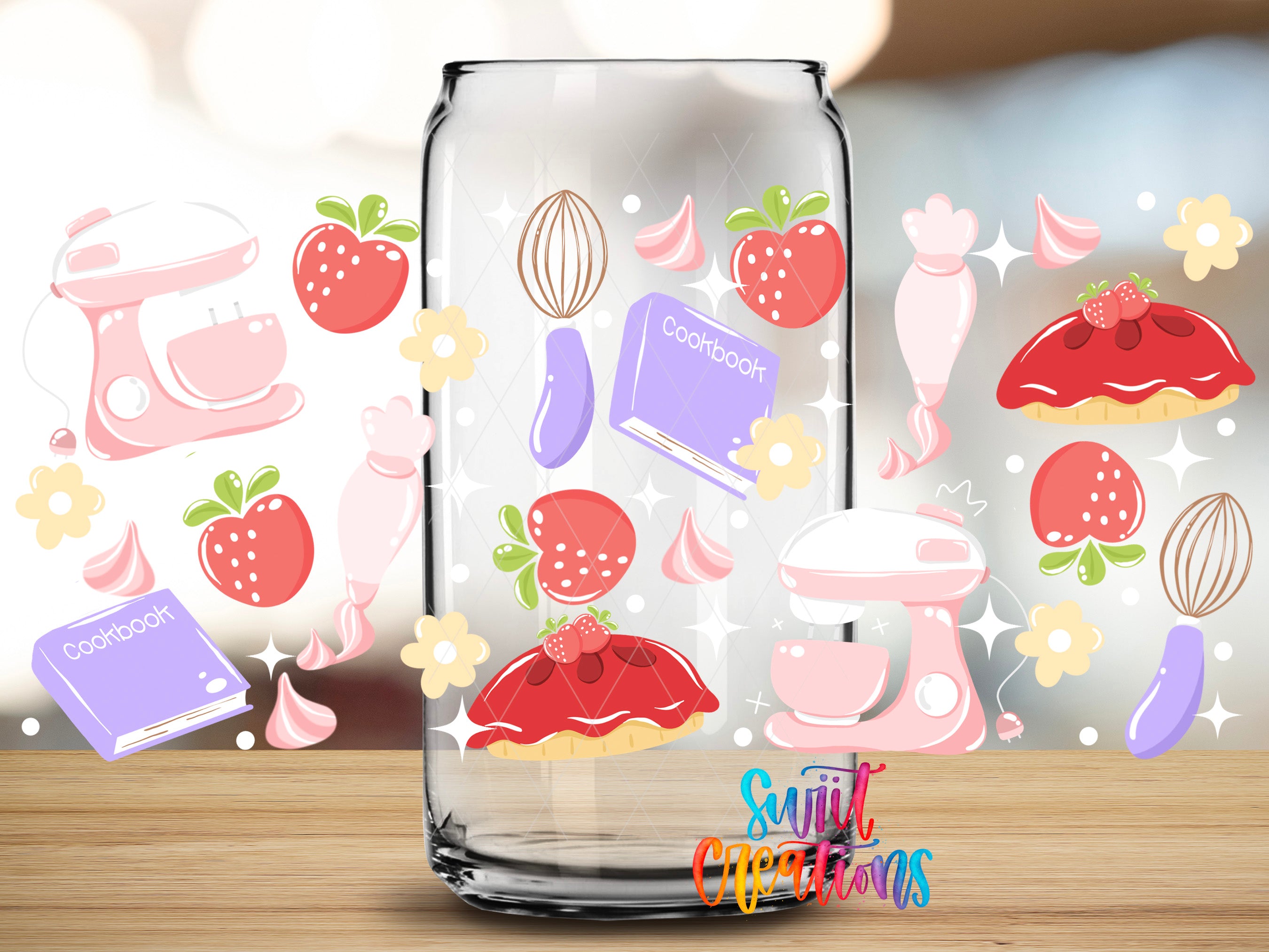 a glass jar filled with various kitchen-themed illustrations, including a mixer, a cake, and other kitchen utensils.
