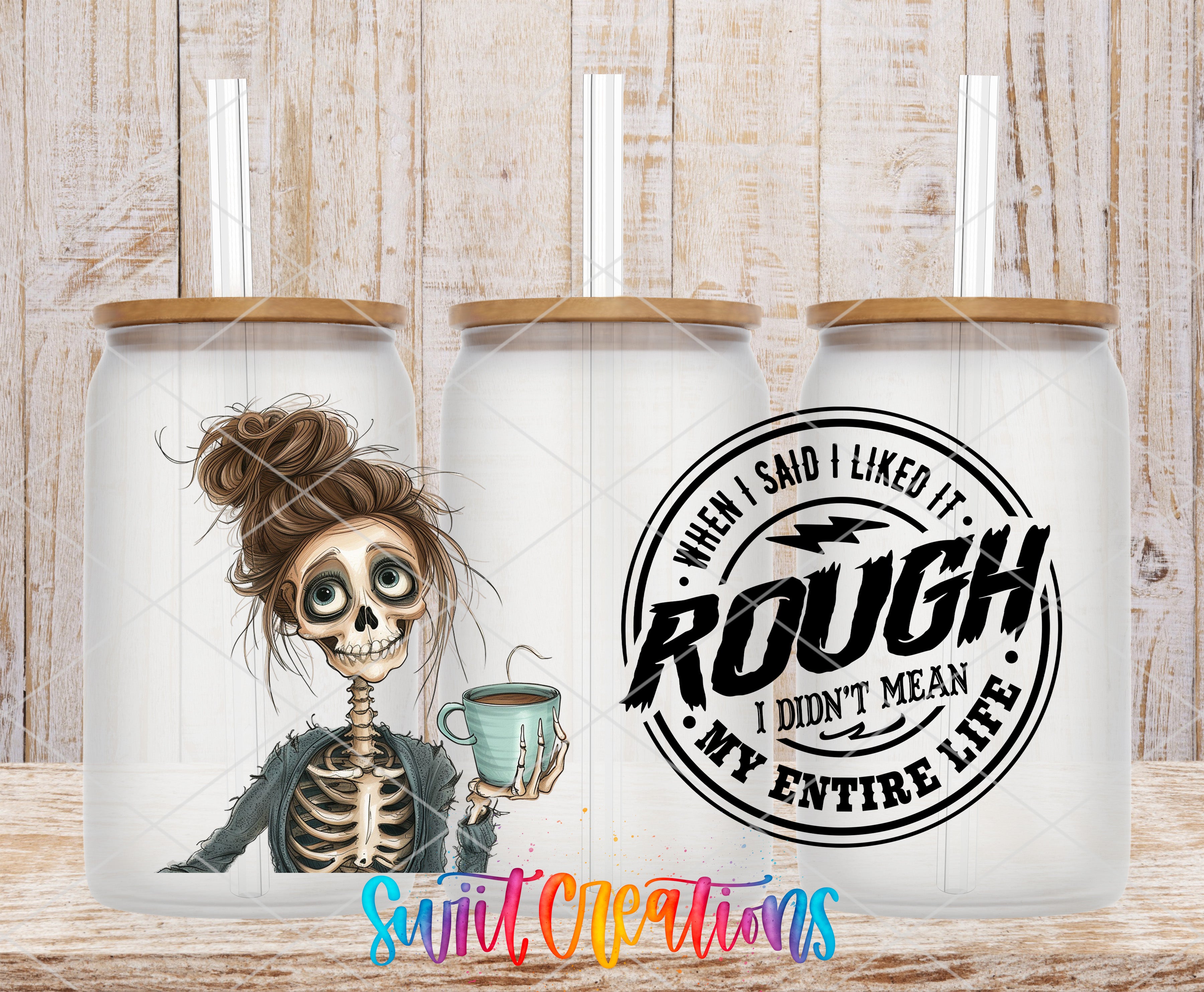 A skeleton wearing a messy bun holding a coffee mug, with a text overlay that says "When I said I liked it, I didn't mean my entire life".