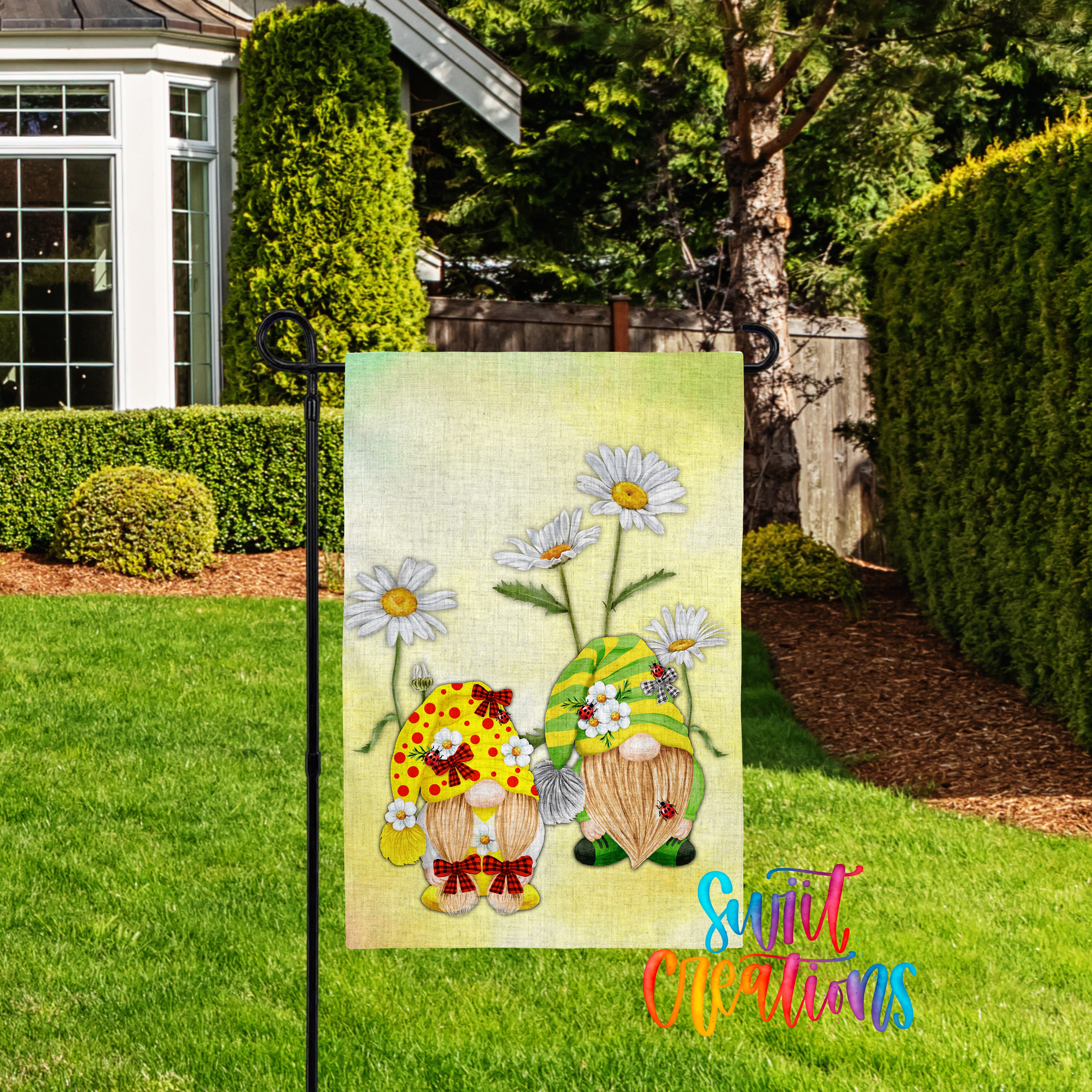 A garden sign featuring two gnomes holding flowers, with a house and trees in the background.
