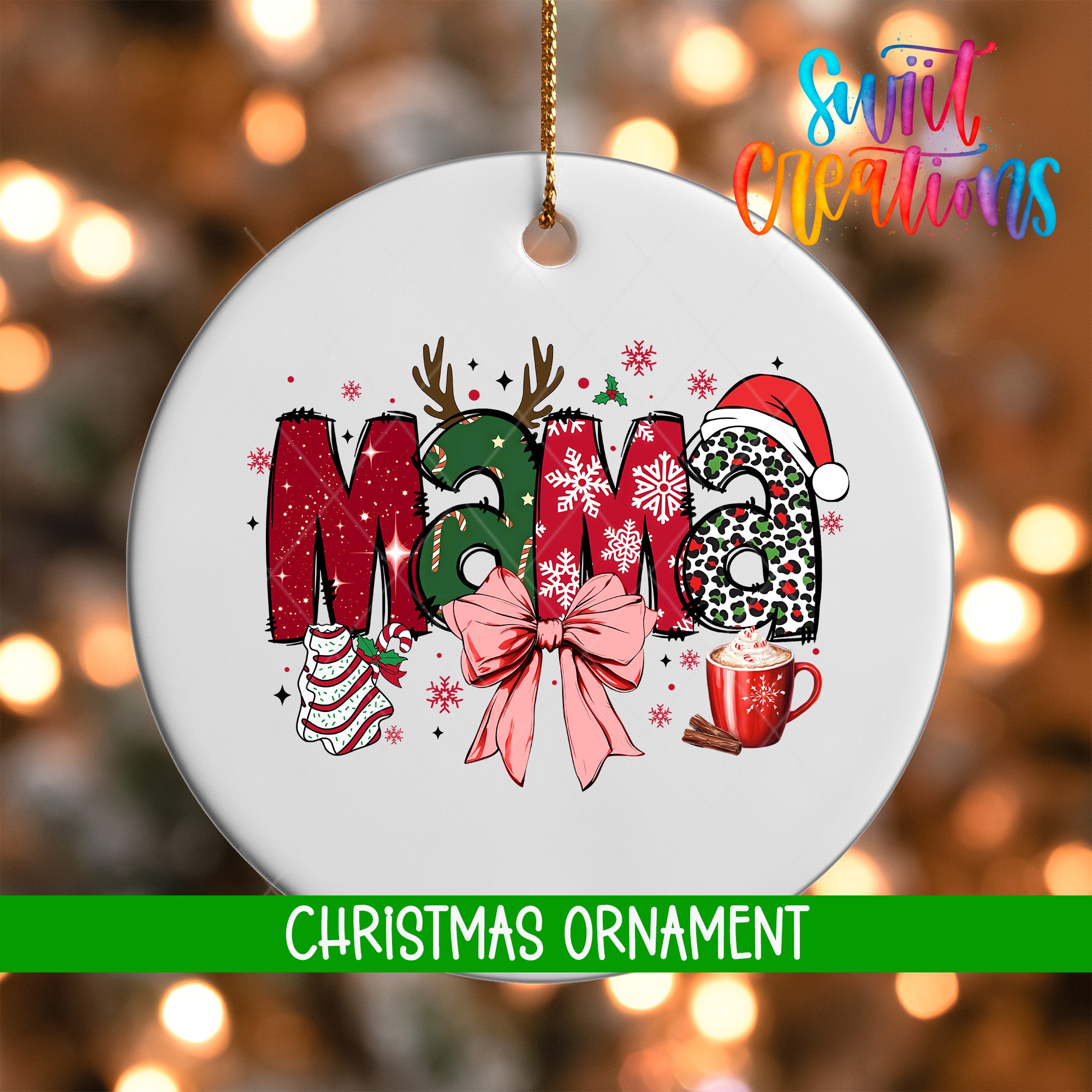 A Christmas ornament with the word "Mama" written on it, surrounded by various holiday-themed elements such as snowflakes, reindeer, and a mug of hot chocolate.