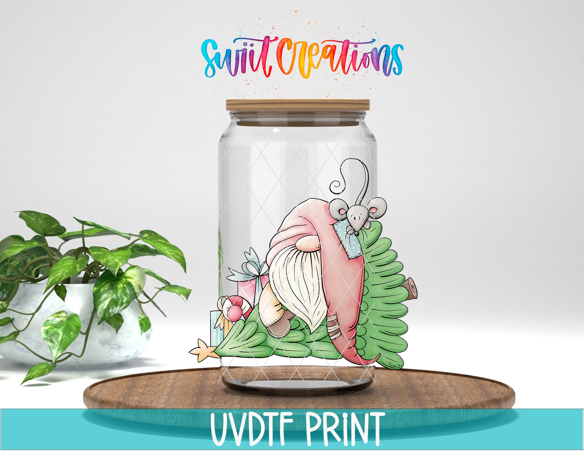 a glass jar with a picture of a gnome on it