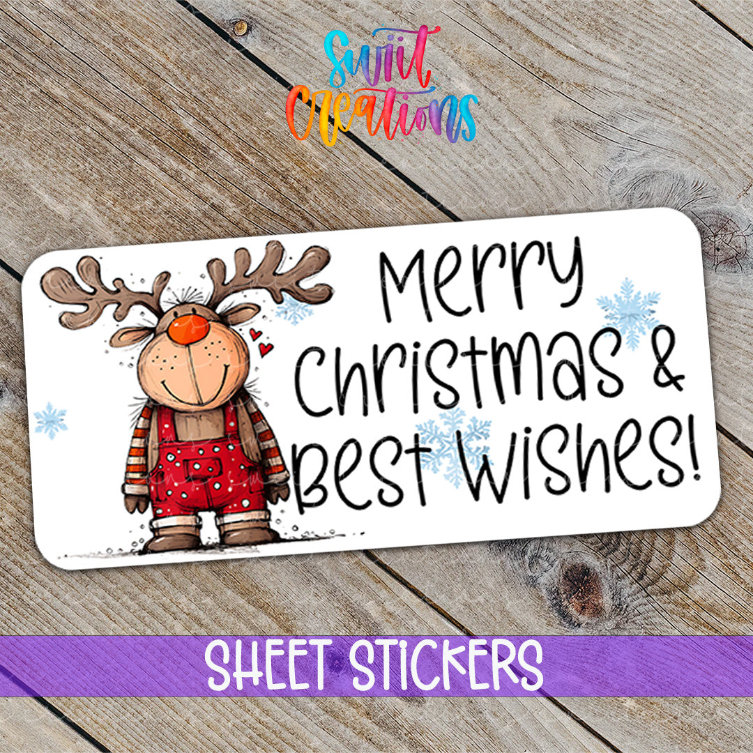 a merry christmas and best wishes sticker on a wooden surface