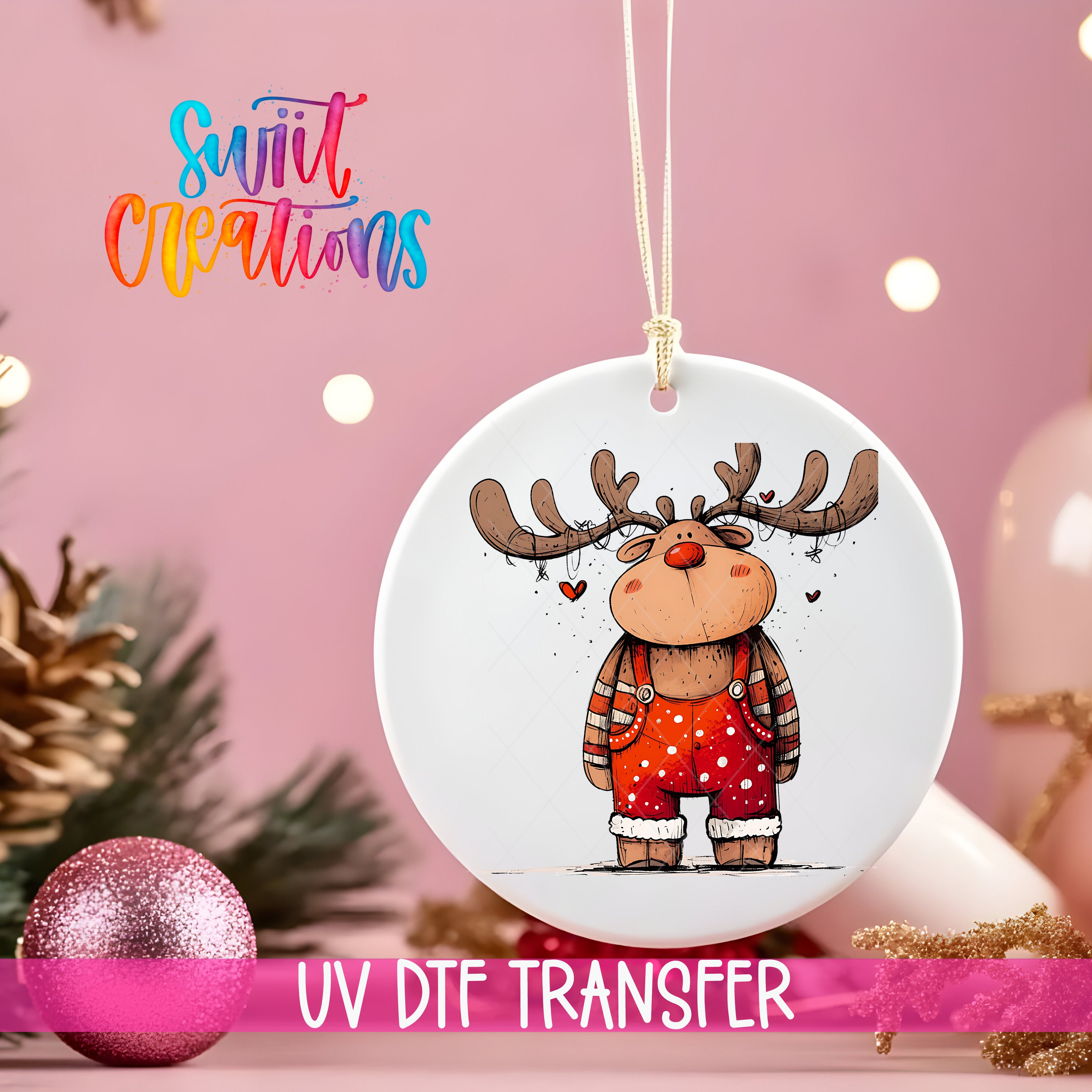 A white ornament with a cartoon image of a reindeer hanging on a string, surrounded by Christmas decorations and a pink background.