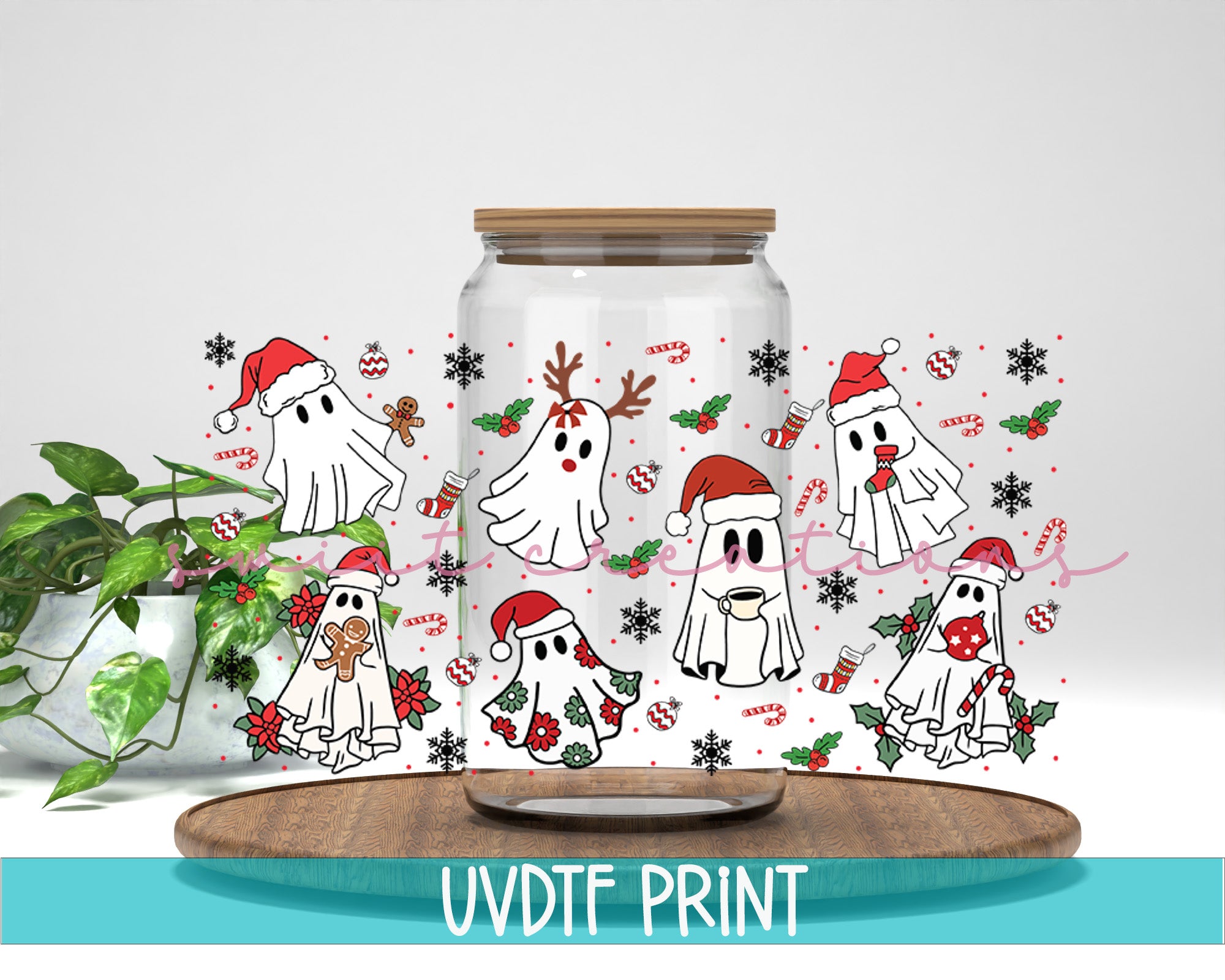 a glass jar filled with white dogs wearing christmas hats