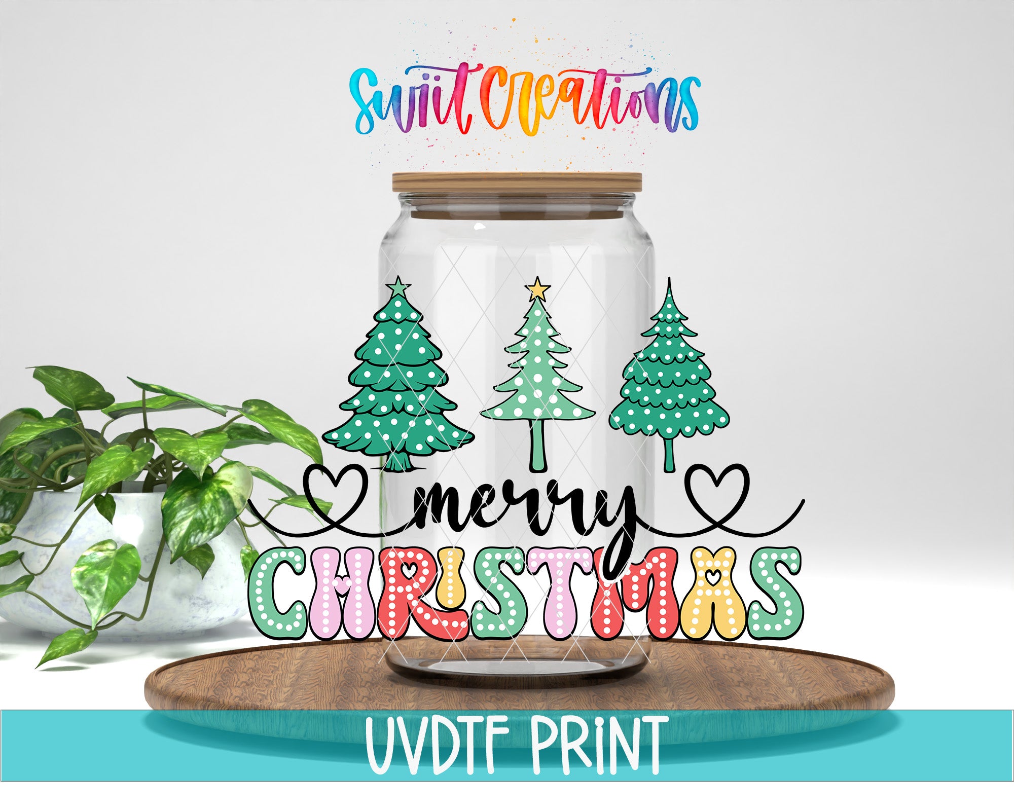 a glass jar with a merry christmas sign on top of it