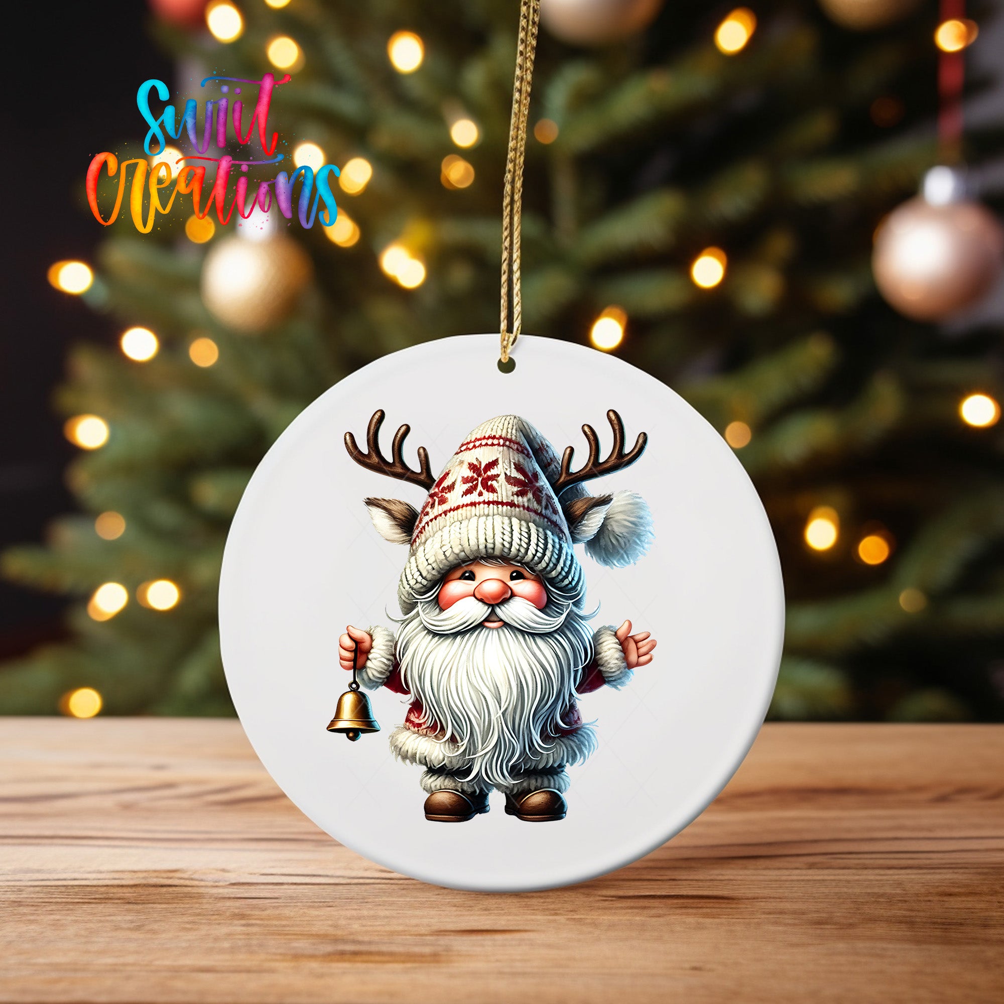 A white ornament featuring a gnome with antlers and a bell, set against a blurred background of Christmas lights.