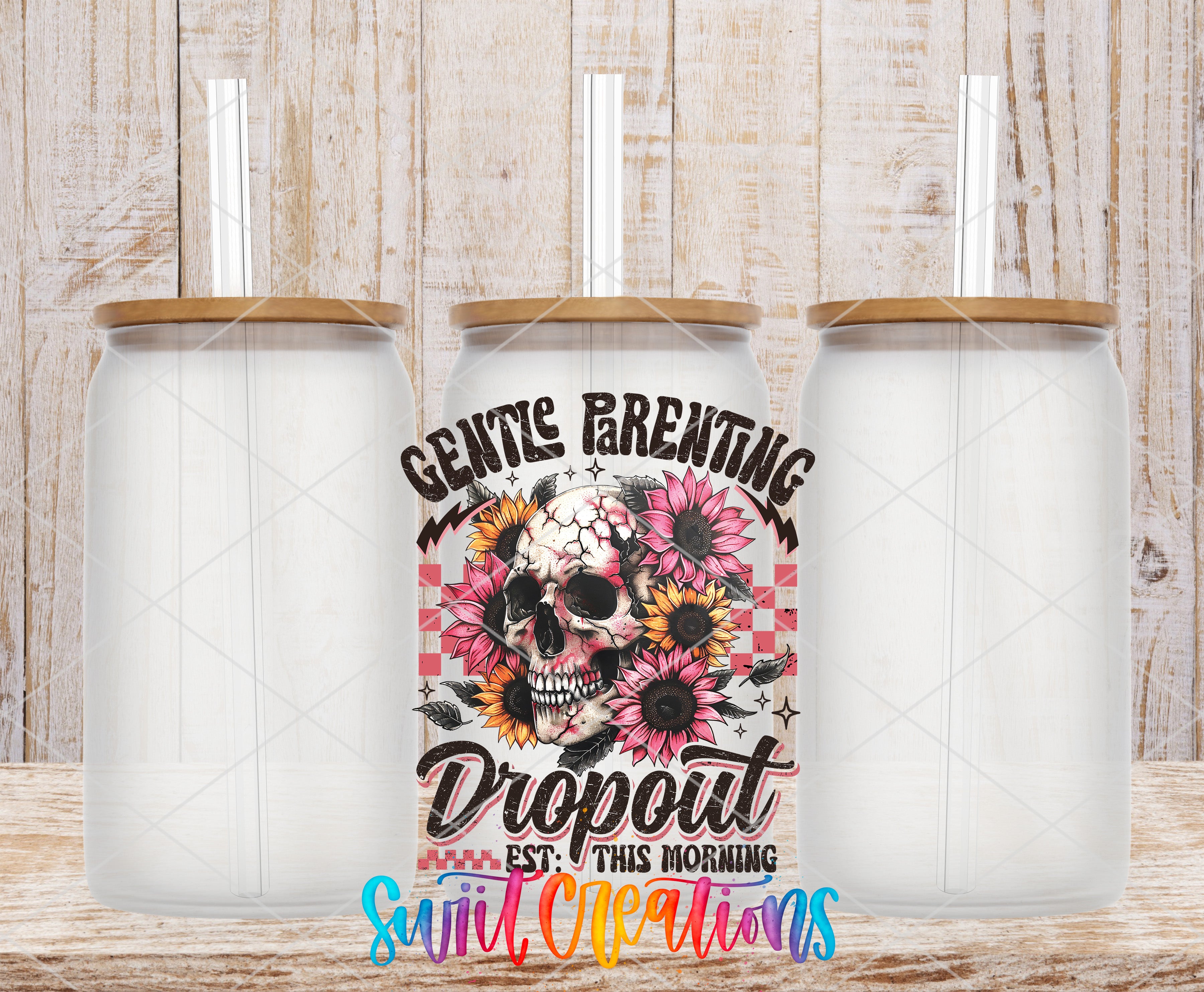 three clear glass jars with lids, arranged in a row against a wooden background. The jars have a floral design on them, and there is text that reads "GENTLE PARENTING DROPOUT EST. THIS MORNING SWEET CREAM" written on them.