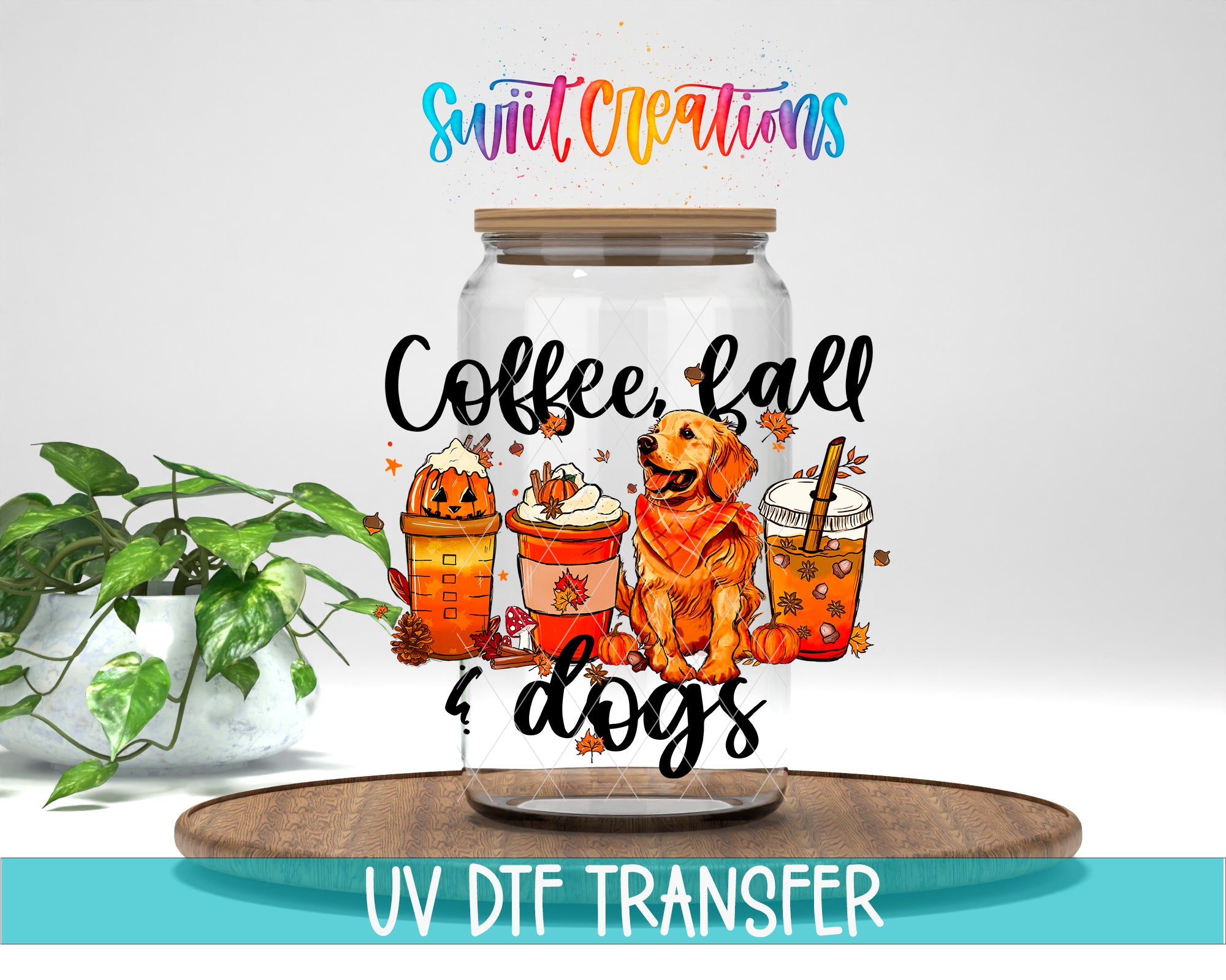 a glass jar with a label that says "Coffee, fall & dogs", surrounded by illustrations of various fall-themed items such as pumpkins, hot chocolate, and dogs. The jar is placed on a wooden surface, and there is a potted plant in the background.