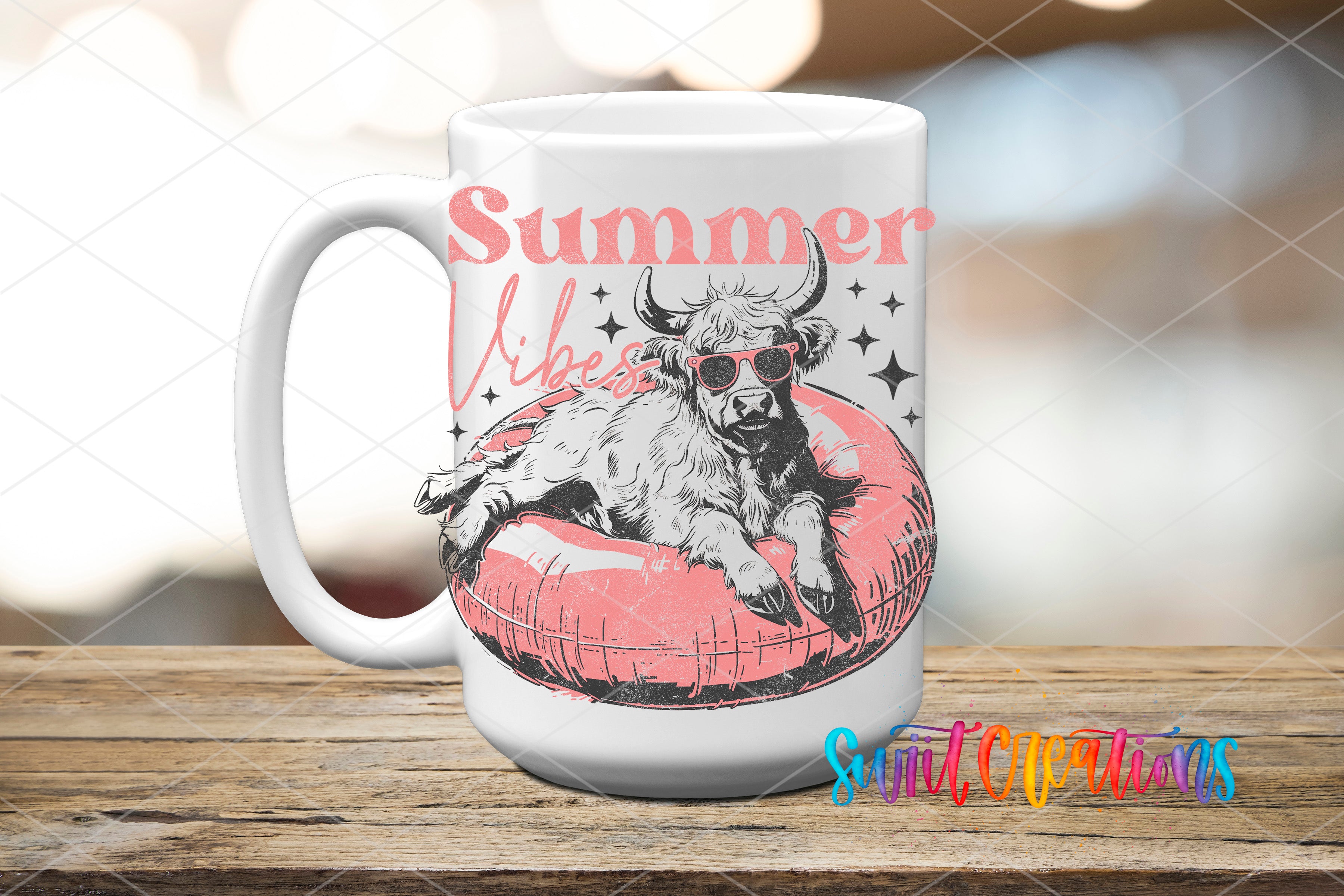 Swiit Creations UV DTF Summer Vibes Highland Cow transfer applied to a white ceramic mug