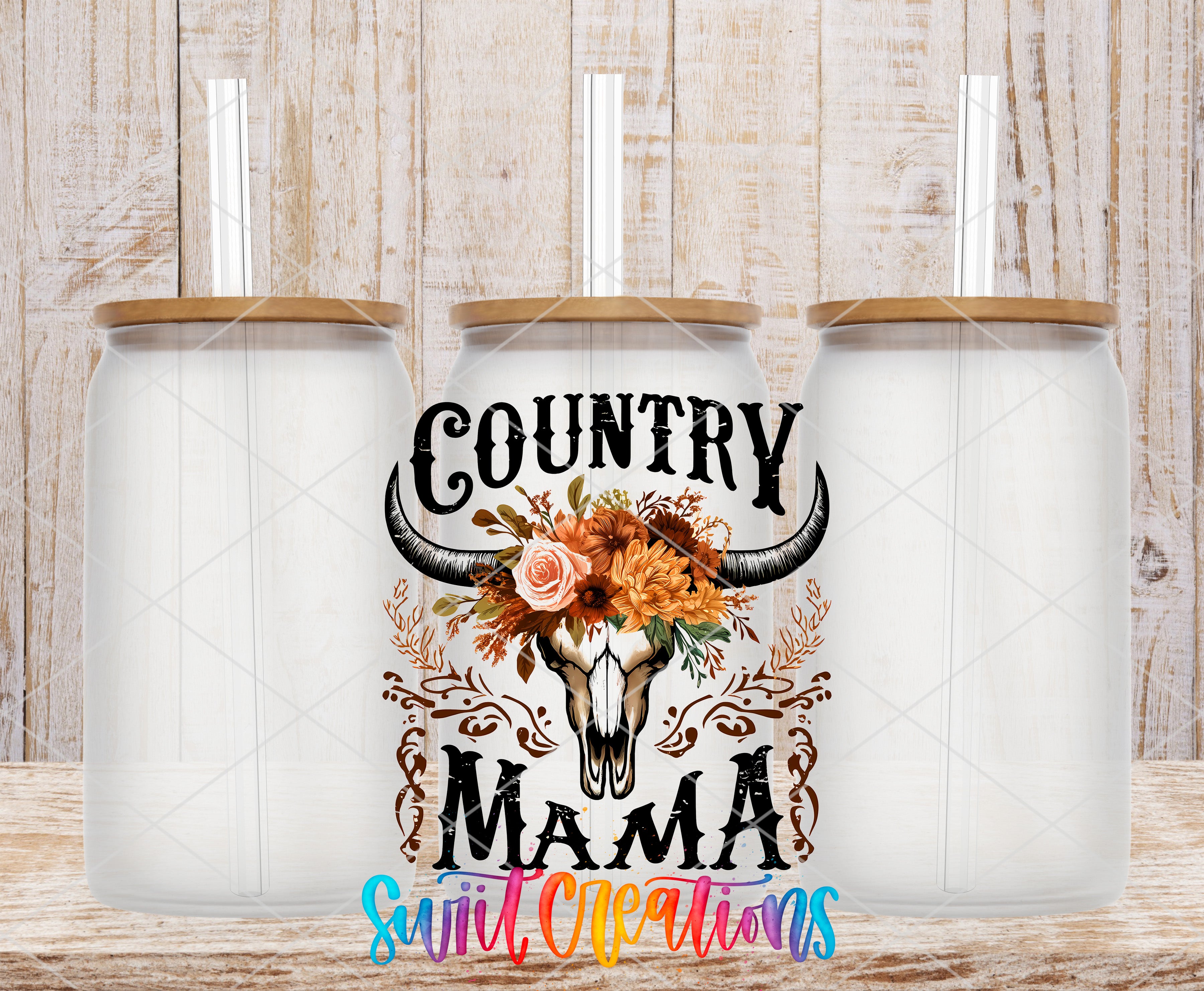 Swiit Creations UV DTF Western Country Mama transfer shown on a clear glass can set