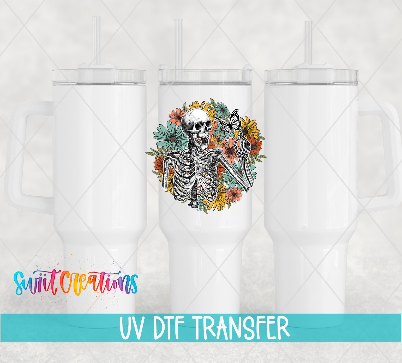 Swiit Creations UV DTF Skeleton Floral transfer shown on a white tumbler set