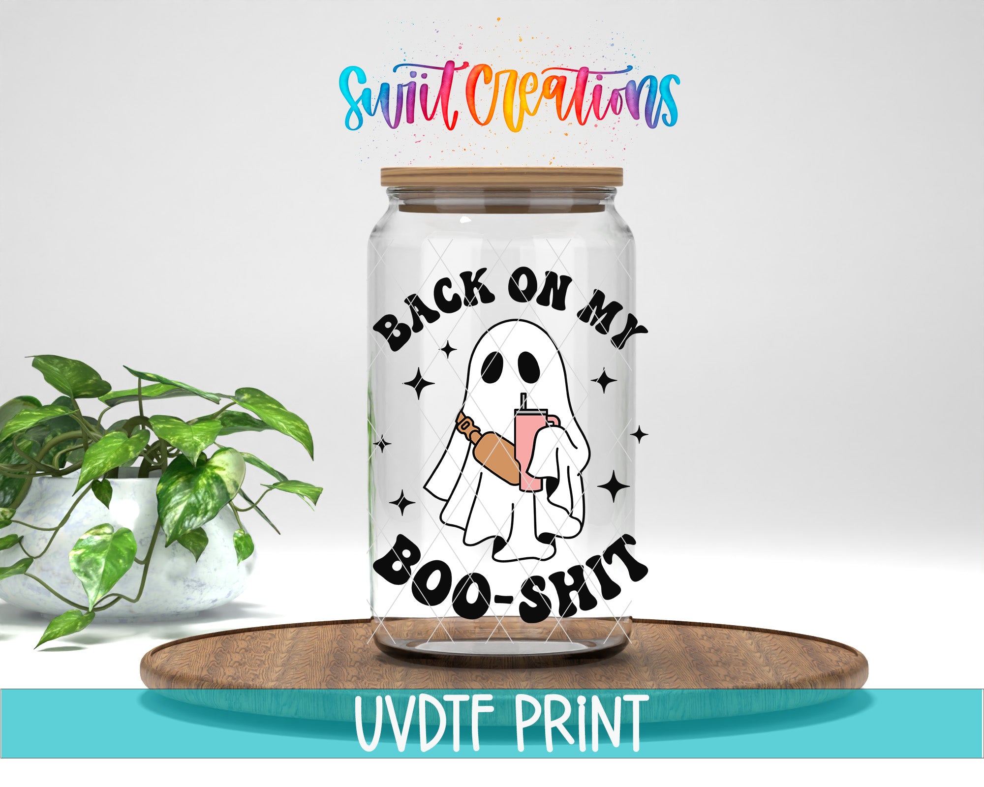 A clear glass jar with a label featuring a ghost character and the text "BACK ON MY BOO-SHIT"