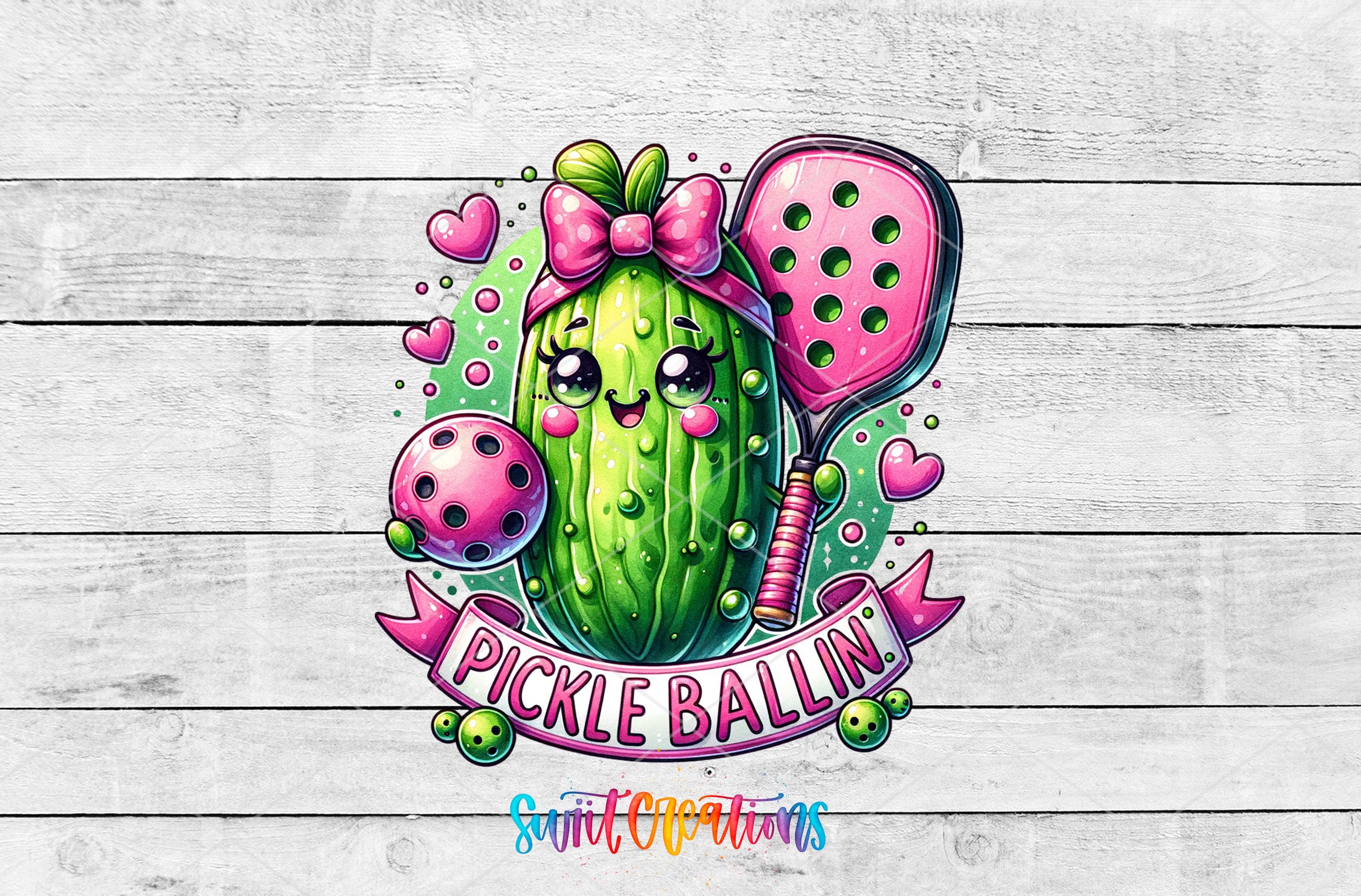 A colorful illustration of a pickle with a bow on its head, holding a paddle and surrounded by hearts and the text "Pickle Ballin'".