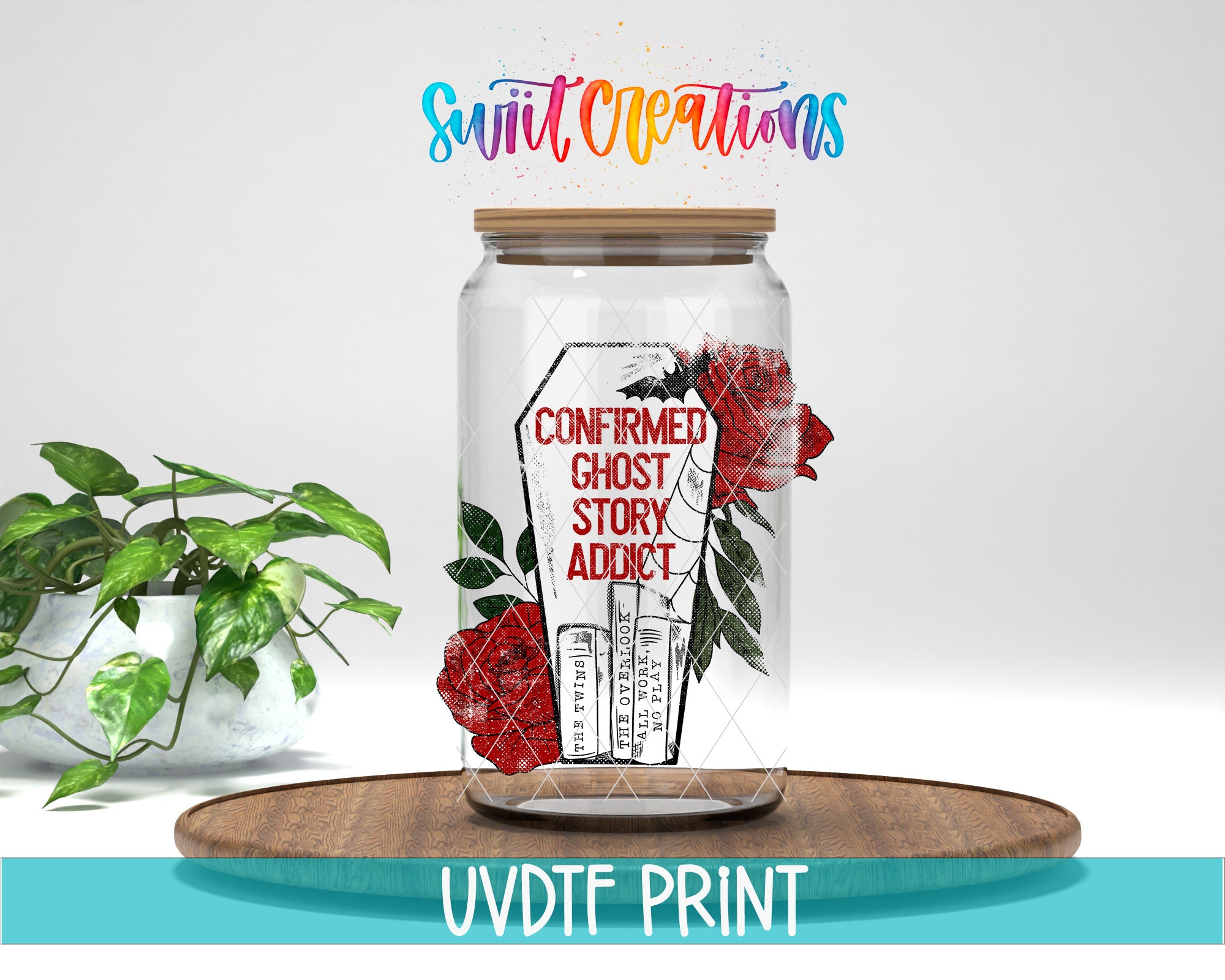 a glass jar with some flowers inside of it