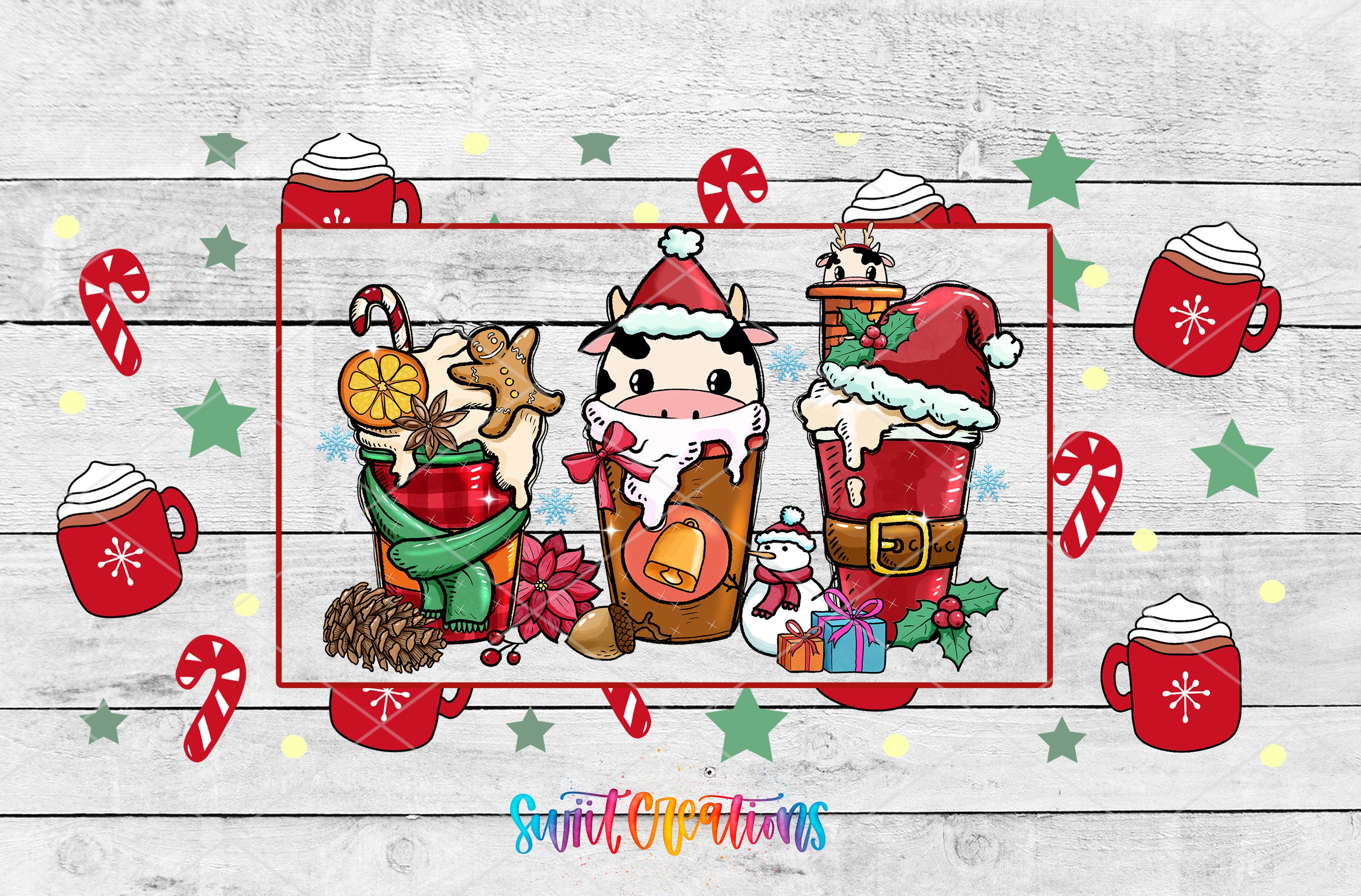 a christmas scene with a cow and santa clause