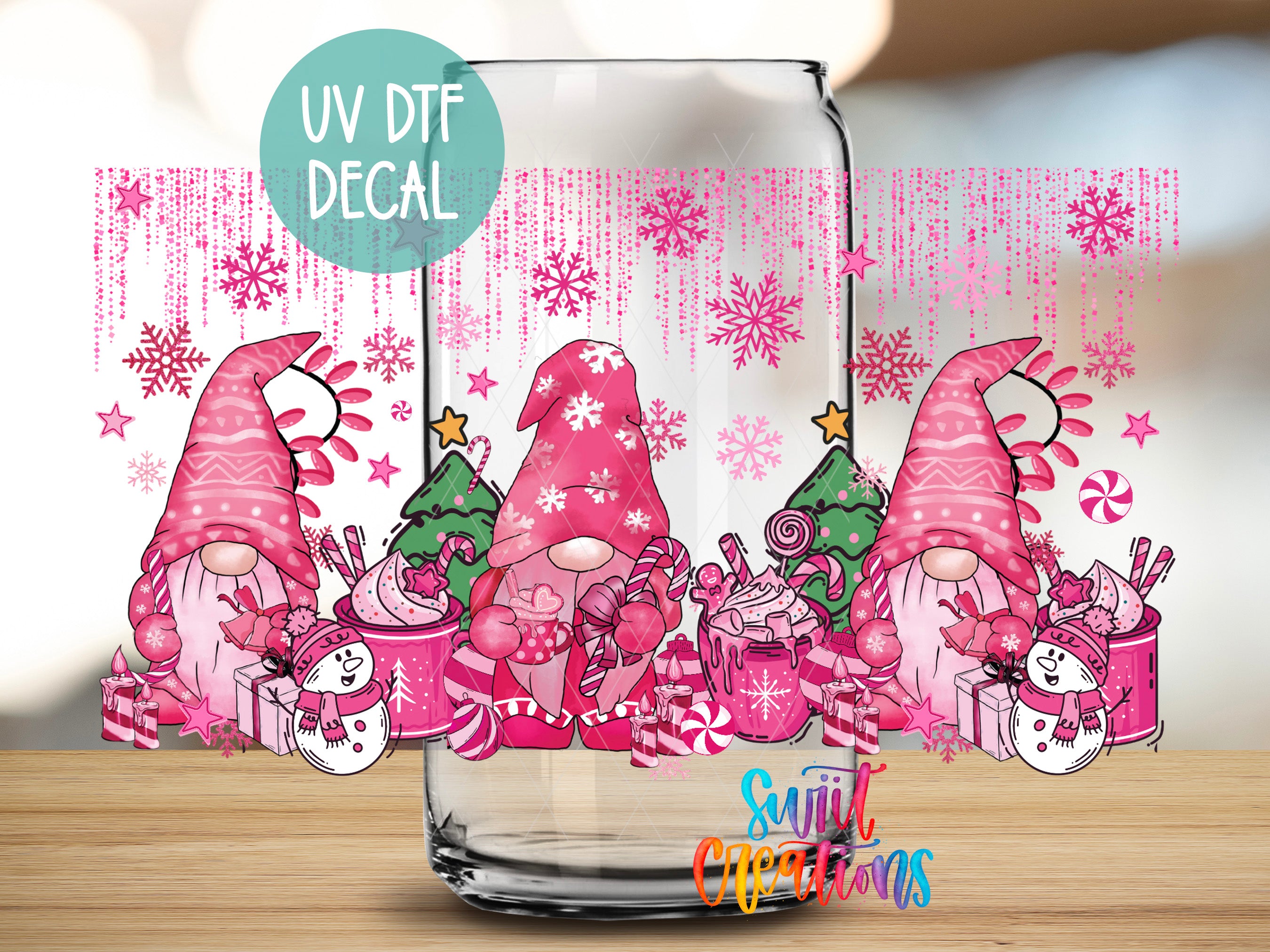 A glass jar with a UV decal featuring pink gnomes and Christmas decorations, including snowflakes, stars, and candy canes.