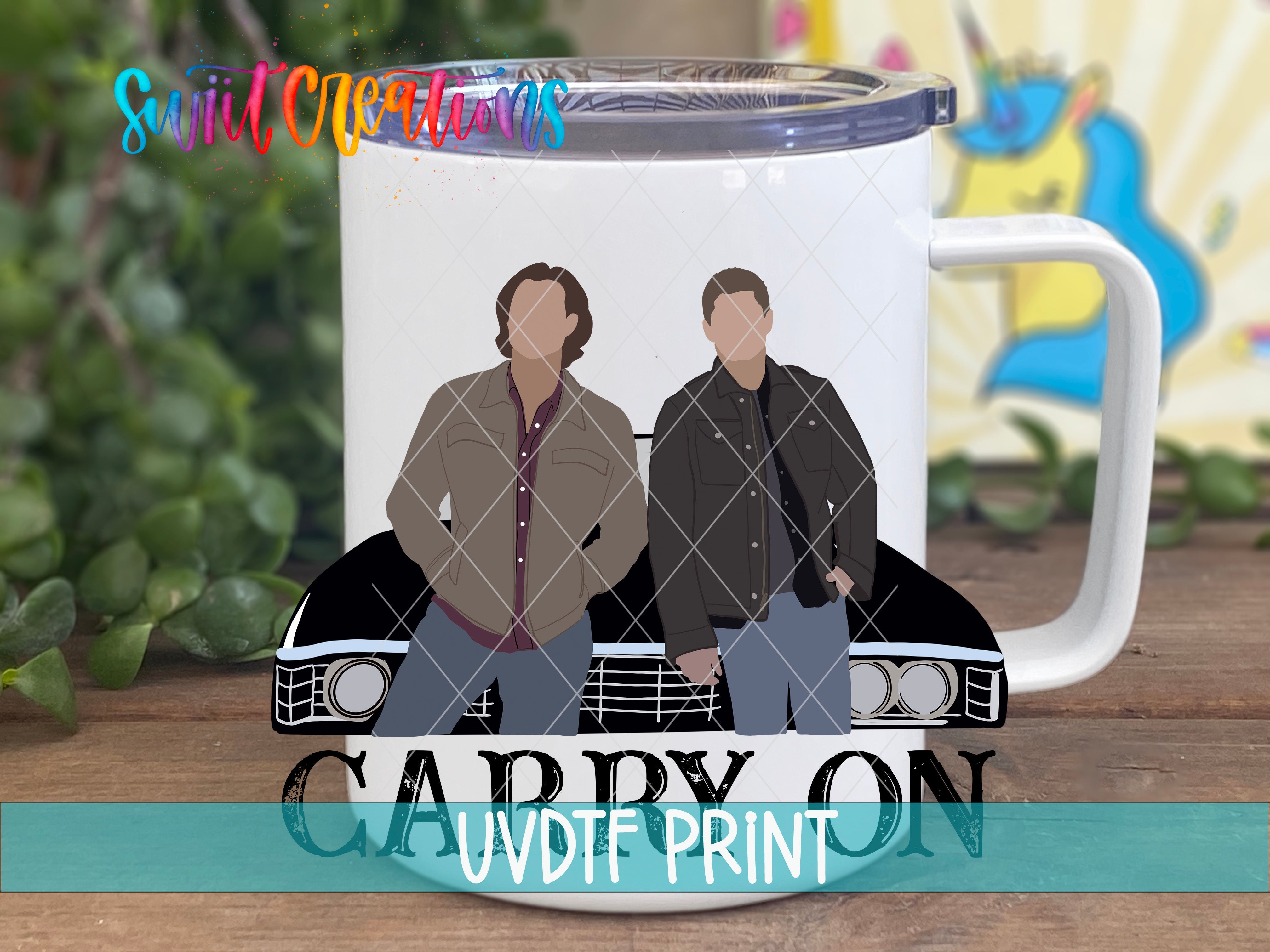 a coffee mug with a picture of two men sitting on top of a car