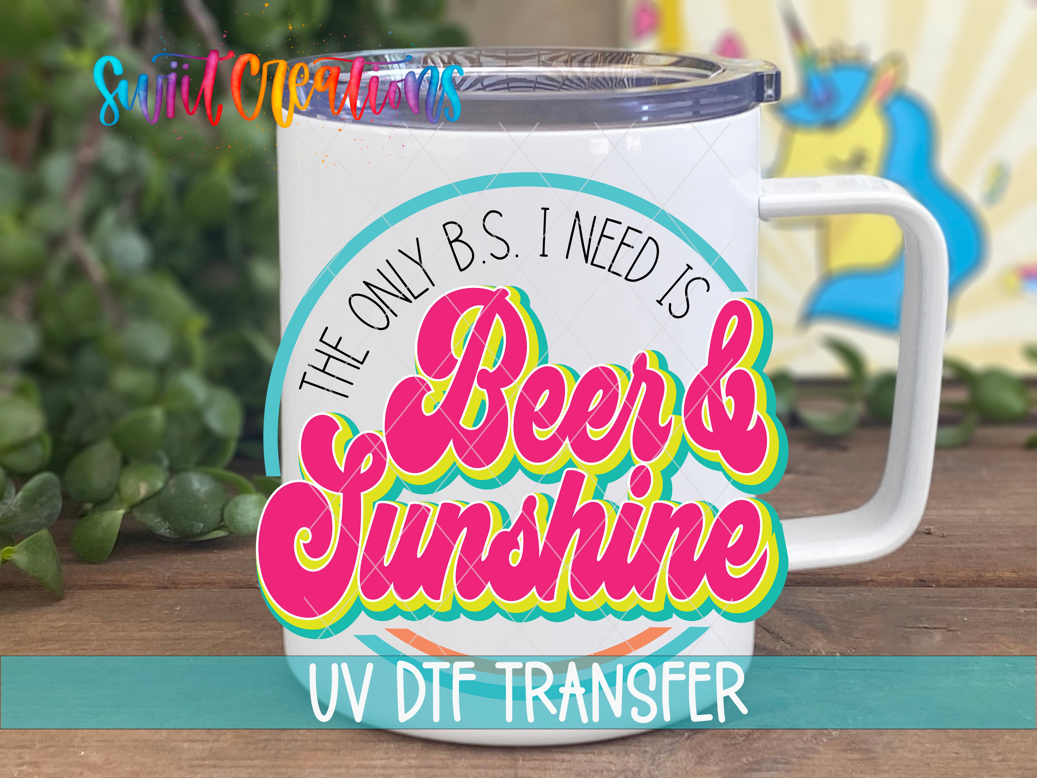 Swiit Creations UV DTF Beer and Sunshine transfer displayed on a white coffee mug