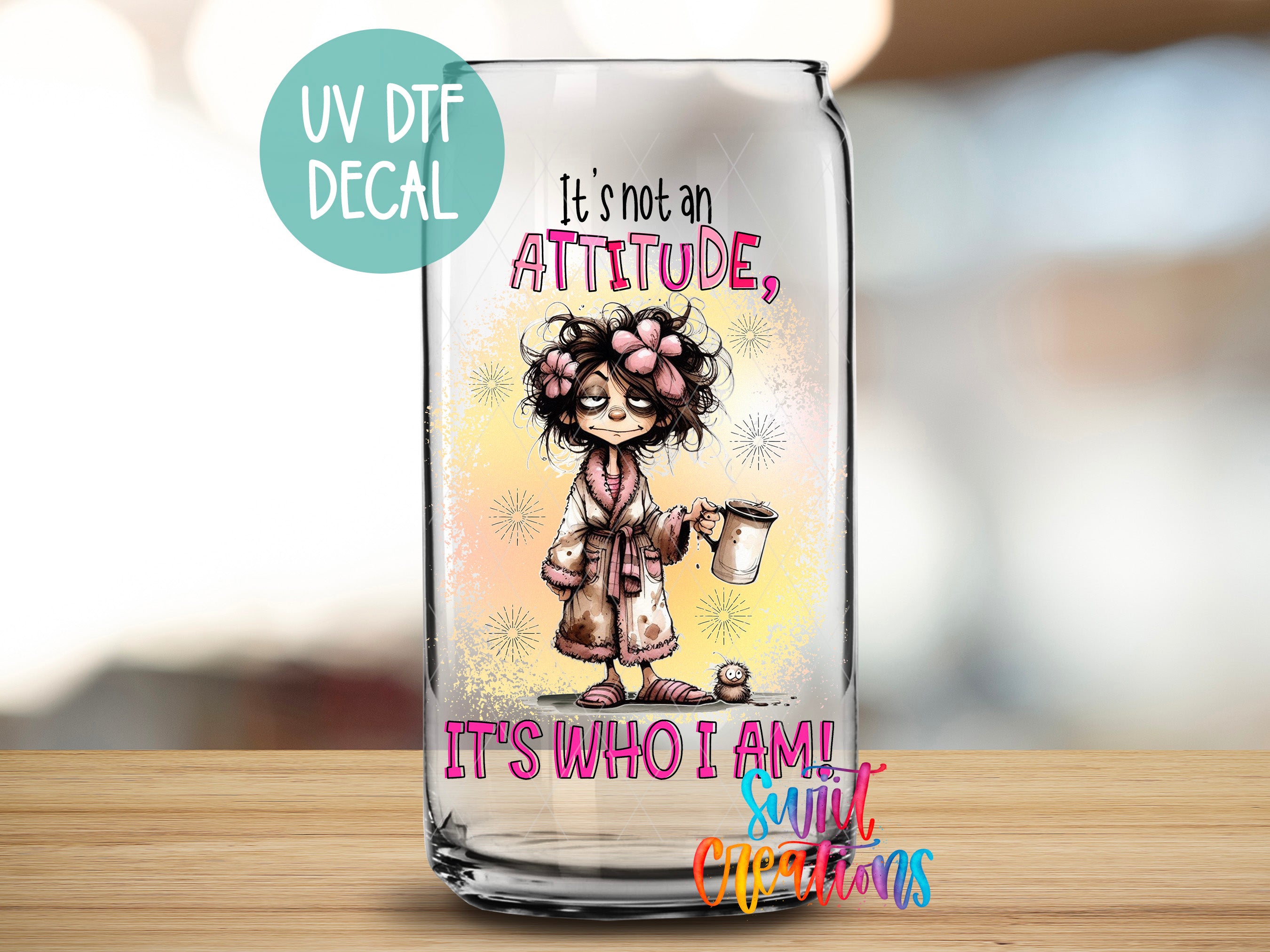 a glass with a picture of a girl holding a cup