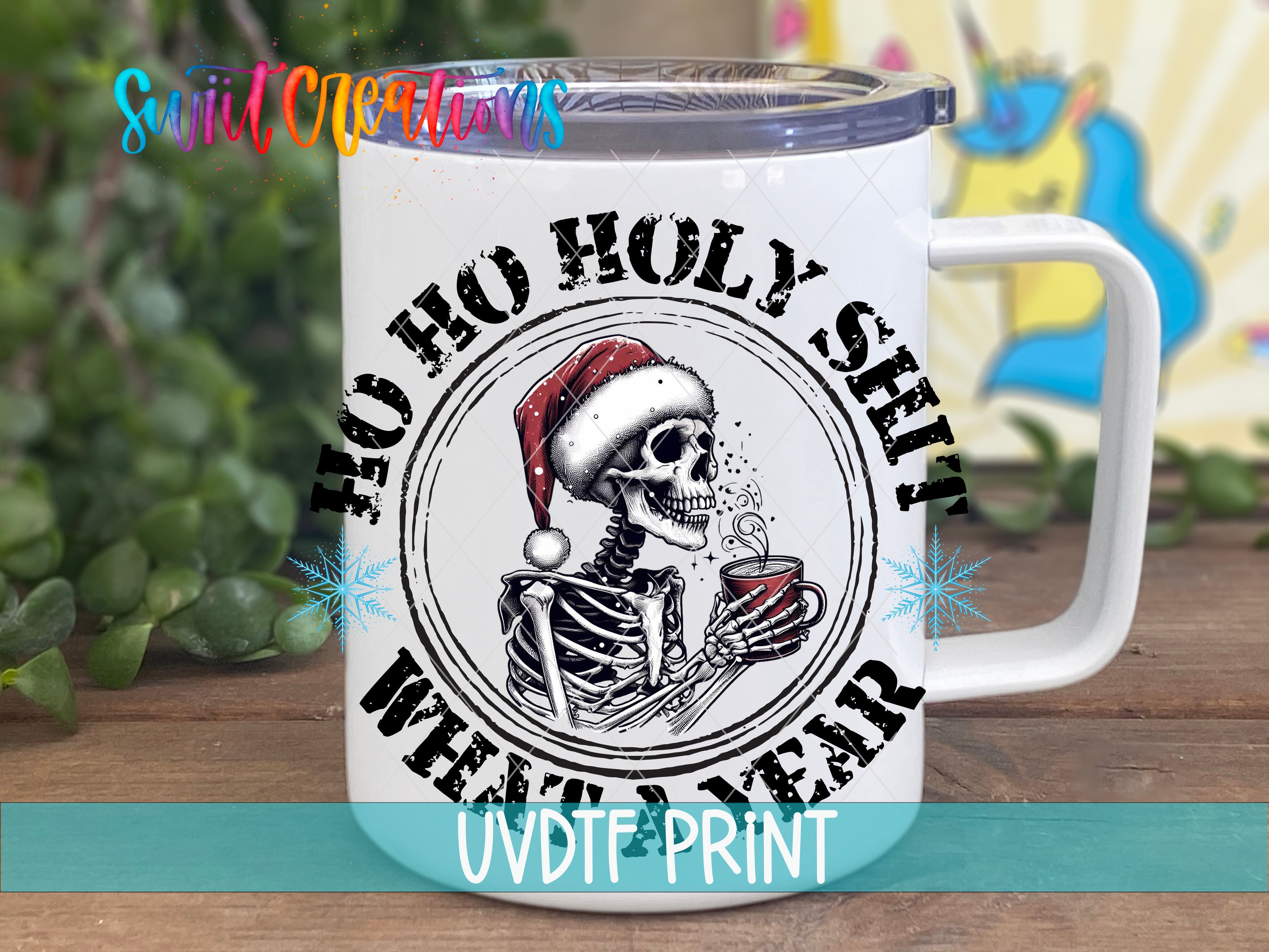 a white coffee mug with a skeleton wearing a santa hat