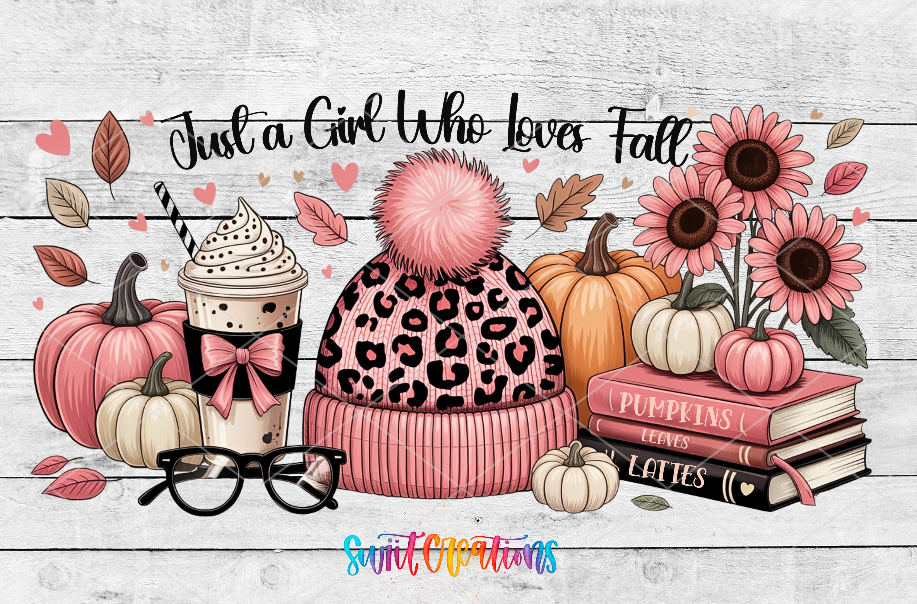 A collage of fall-themed items, including a leopard print hat, pumpkins, sunflowers, glasses, and books, arranged on a white wooden background with the text "Just a Girl Who Loves Fall".