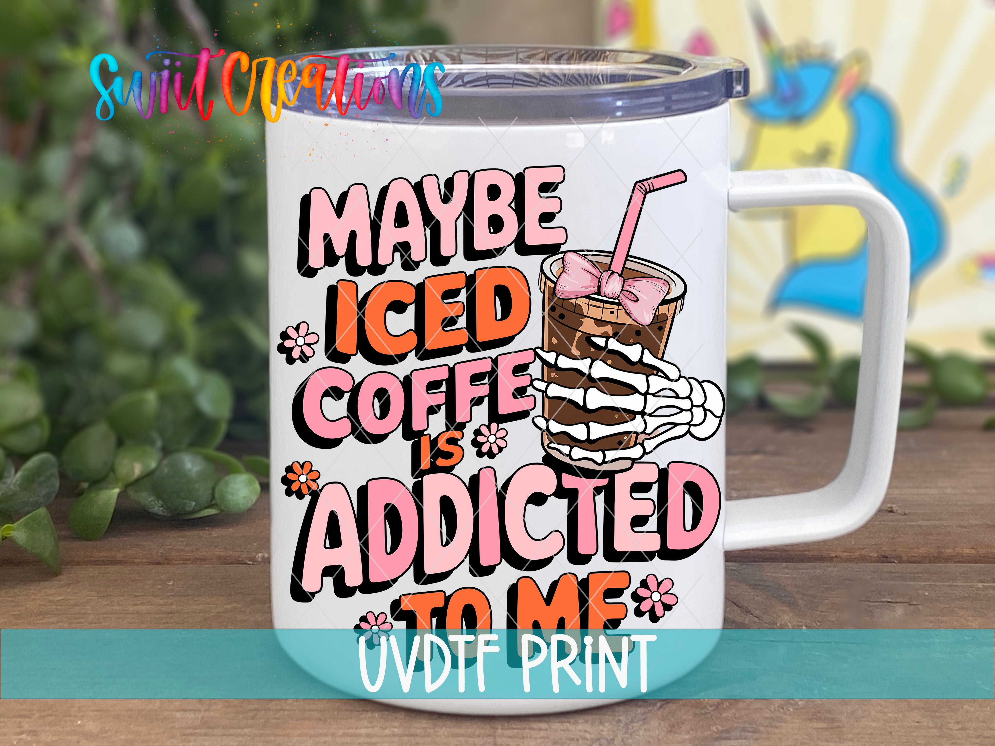 a white coffee mug with a picture of a drink on it