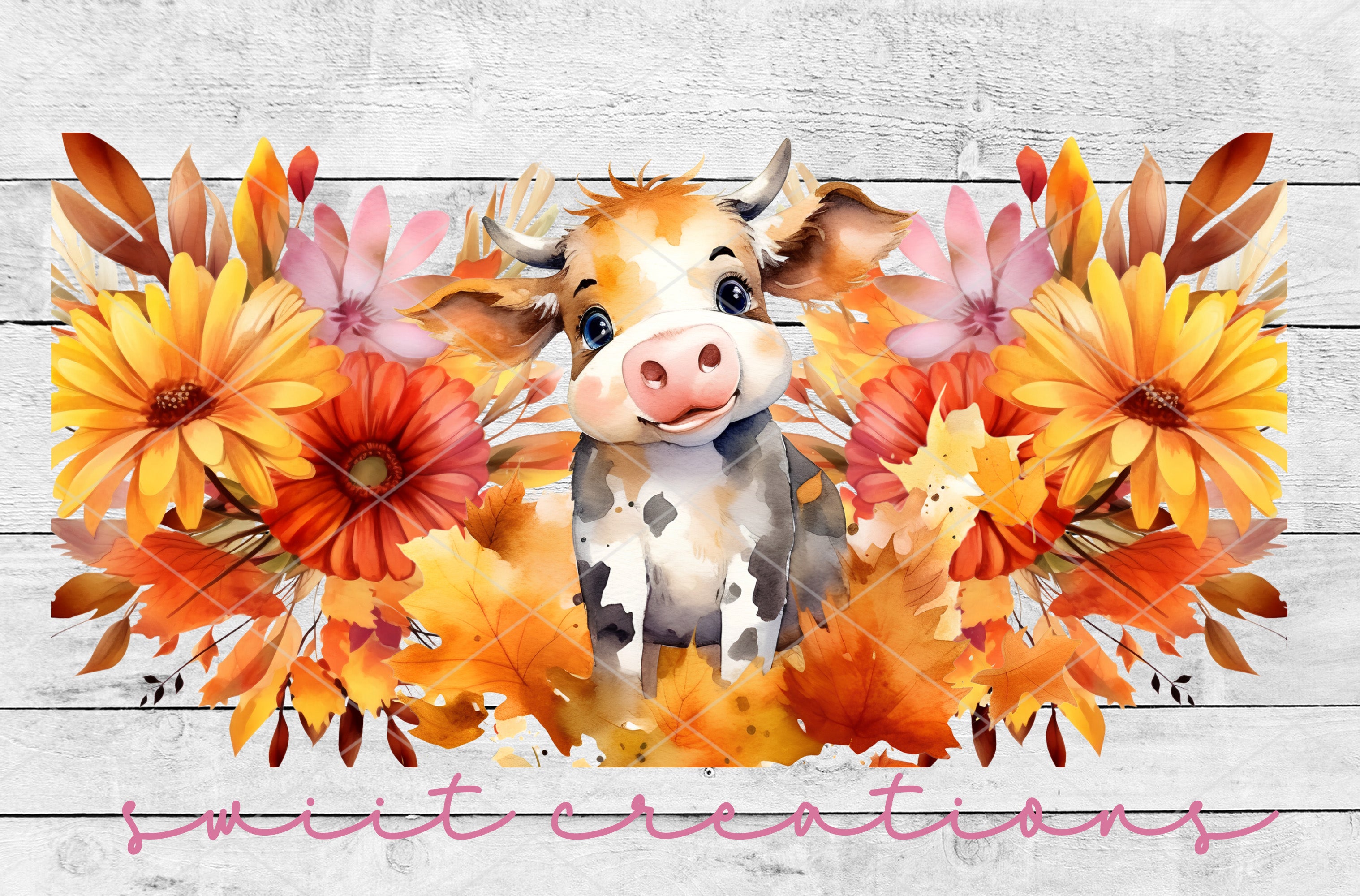 a watercolor painting of a cow surrounded by flowers