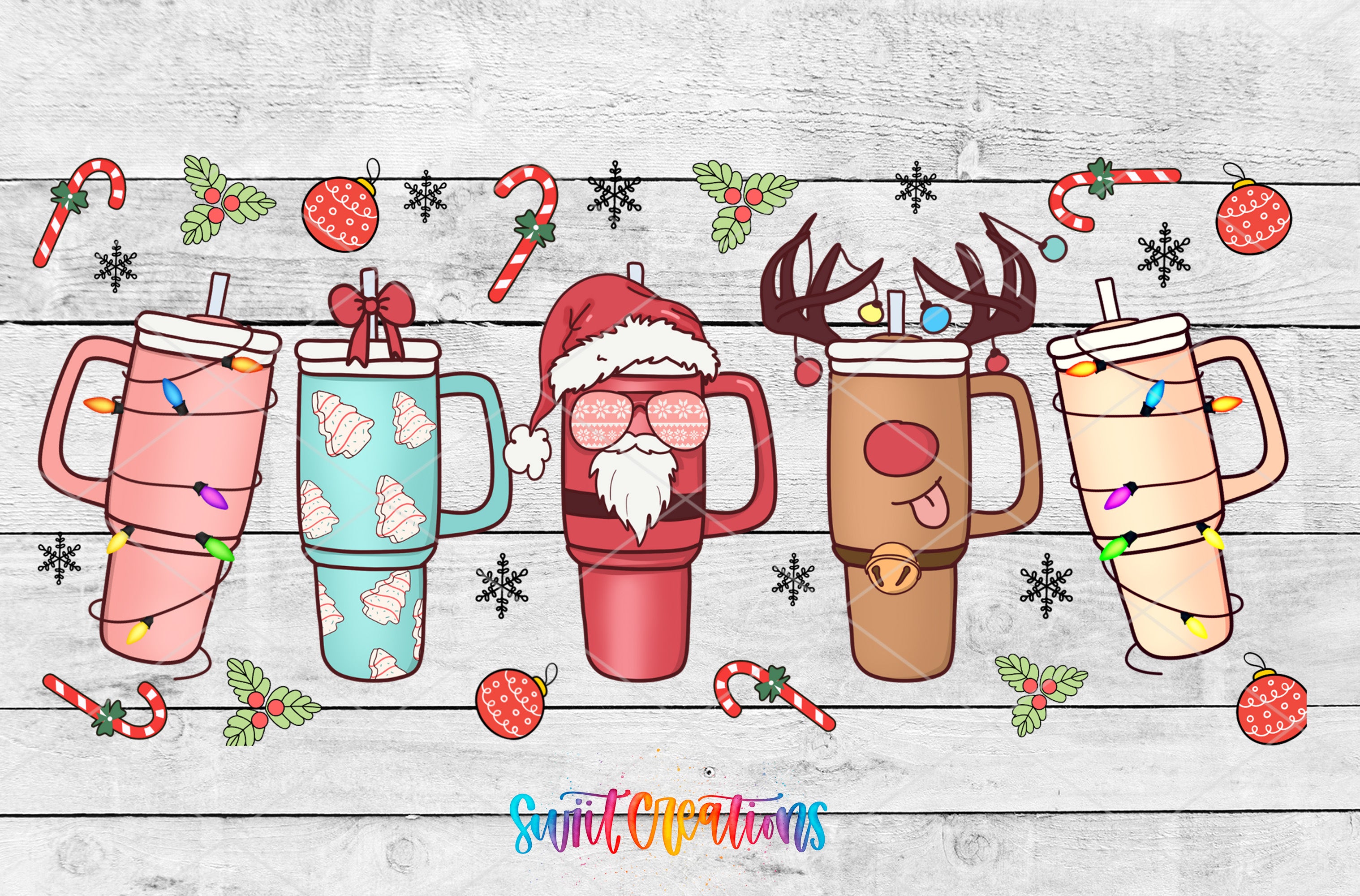 a group of coffee mugs with santa claus on them