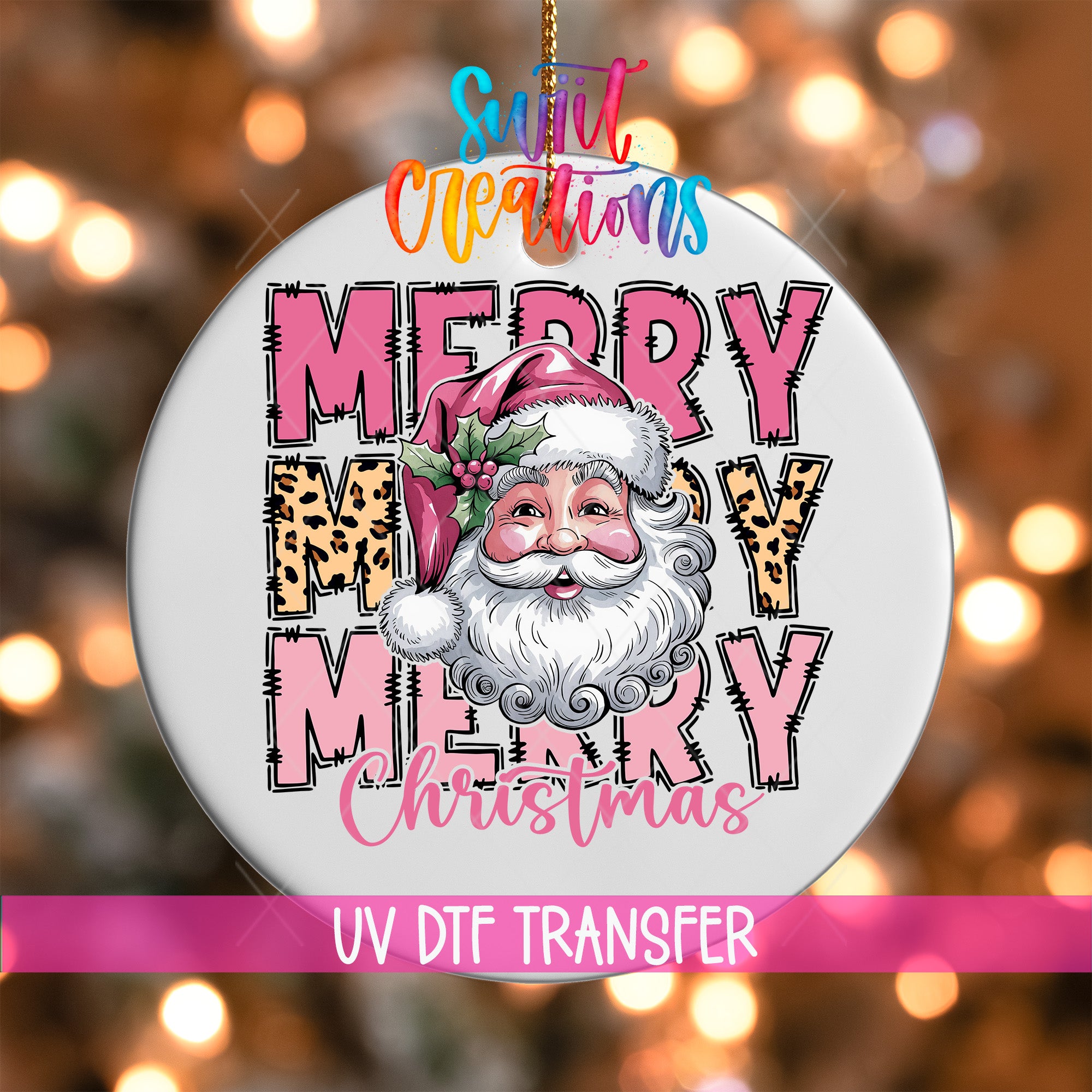 A Christmas ornament with a Santa Claus face and the text "MERRY Merry Christmas" in a colorful, stylized font.