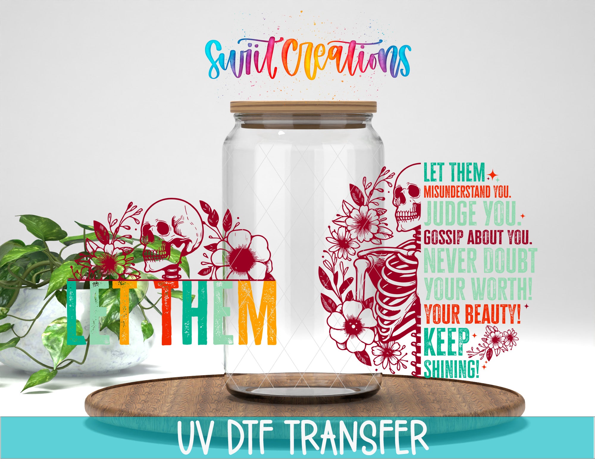 a large glass jar with a wooden lid, surrounded by colorful floral designs and text.